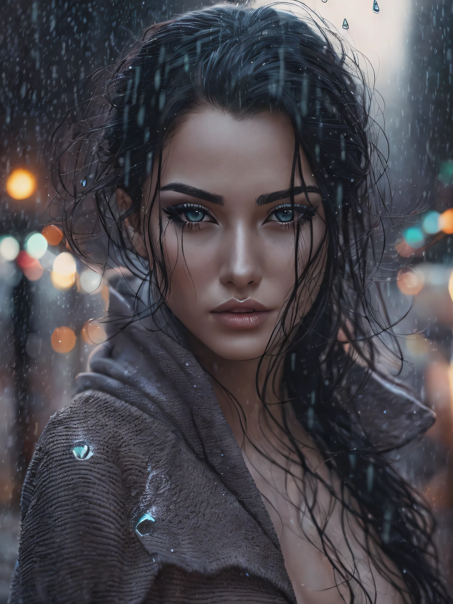 a woman with long black hair, wearing only a sexy transparent open bathrobe, running in the city, realistic perfect face, beautiful woman face, glam make-up, dark eye make-up, dark brown hair and makeup, perfect face model, Arabella mist-splitter, perfect face ), beautiful lips:5 stylish, beautiful female face, attractive female face!!!, beautiful feminine face, beautiful makeup, perfect face!!. all wet on a rainy night, scared look, eerie, creepy, dark ambient, cinematic lights, ultra sharp focus, bird's eye view, high view, looking at the camera, raindrops