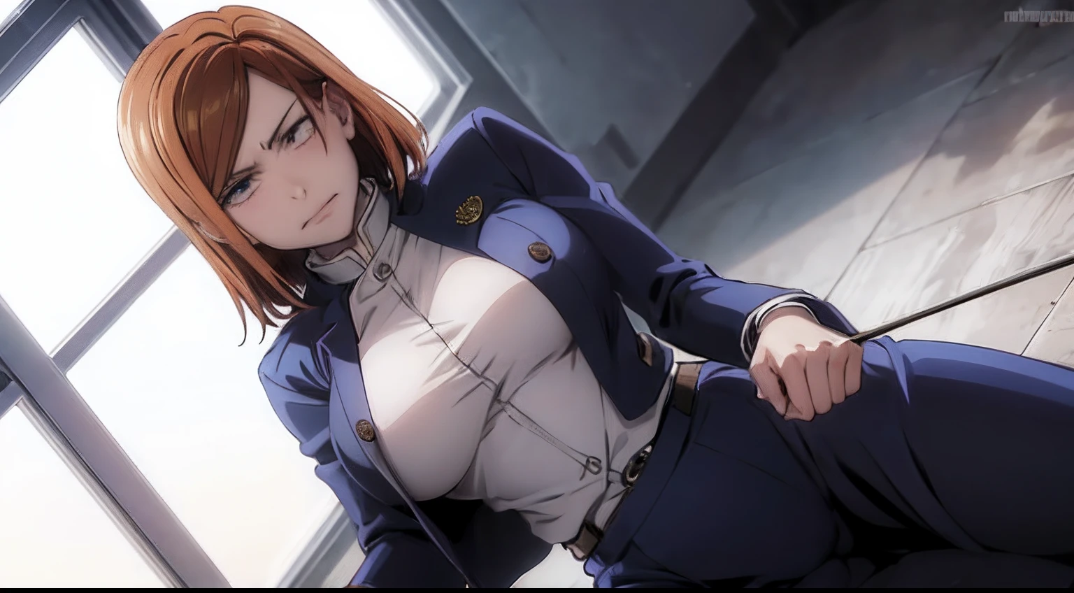 ((top quality, 8k, masterpiece: 1.3, ultra hd, high quality, best quality, high definition, realism)), sharp focus: 1.5, Model Nobara kugisaki with a muscular body, orange eyes, Mole under the outer edge of the eye, Short orange hair, Small breasts, Abs, Arm muscle, Open shirt buttons showing breast cleavage And Nipple Bulge, Open mini skirt The shape of the genitals is clearly visible, Visible abs, Sexy and seductive pose On chair, thighs wide open