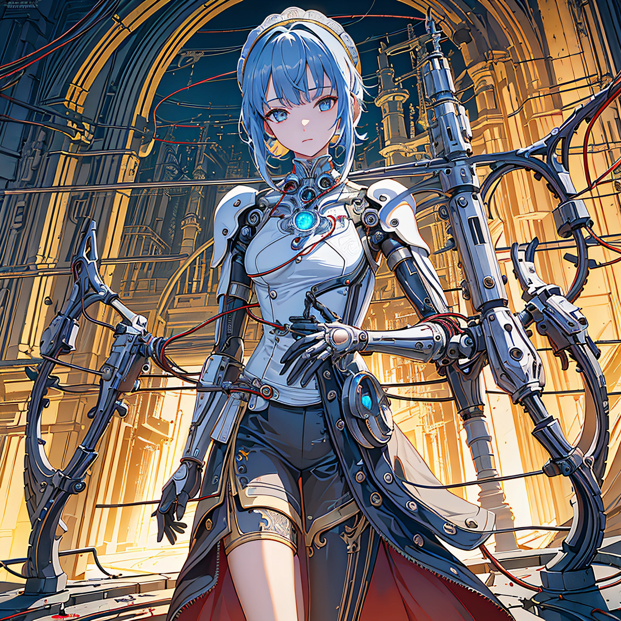 (((masterpiece))), (((best quality))), ((ultra-detailed)), (highly detailed CG illustration), ((an extremely delicate and beautiful)),cinematic light,((1mechanical girl)),solo,(cowboy shot:1.2),(machine made joints:1.2),((machanical limbs)),(blood vessels connected to tubes),(mechanical vertebra attaching to back),((mechanical cervial attaching to neck)),expressionless,(wires and cables attaching to neck:1.2),(wires and cables on head:1.2),(character focus),science fiction,extreme detailed,colorful,highest detailed, loongs,fengs,background,