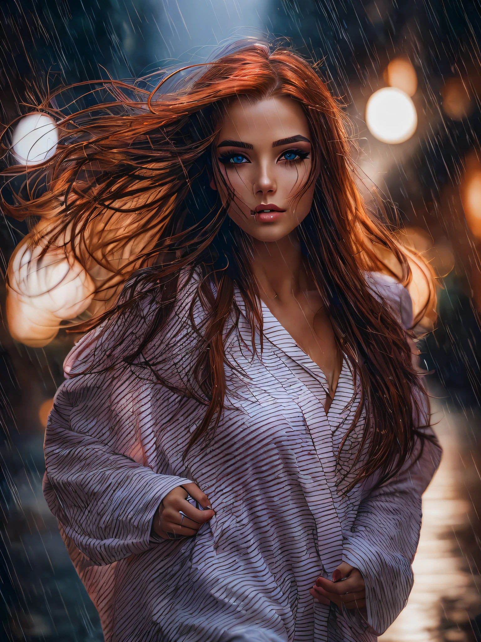A tanned woman with long red hair, wearing only a sexy transparent open bathrobe, running in the city, realistic perfect face, beautiful woman face, glam make-up, dark eye make-up, dark brown hair and makeup, perfect face model, Arabella mist-splitter, perfect face ), beautiful lips:5 stylish, beautiful female face, attractive female face!!!, beautiful feminine face, beautiful makeup, perfect face!!. all wet on a rainy night, scared look, eerie, creepy, dark ambient, cinematic lights, ultra sharp focus, bird's eye view, high view, looking at the camera, raindrops