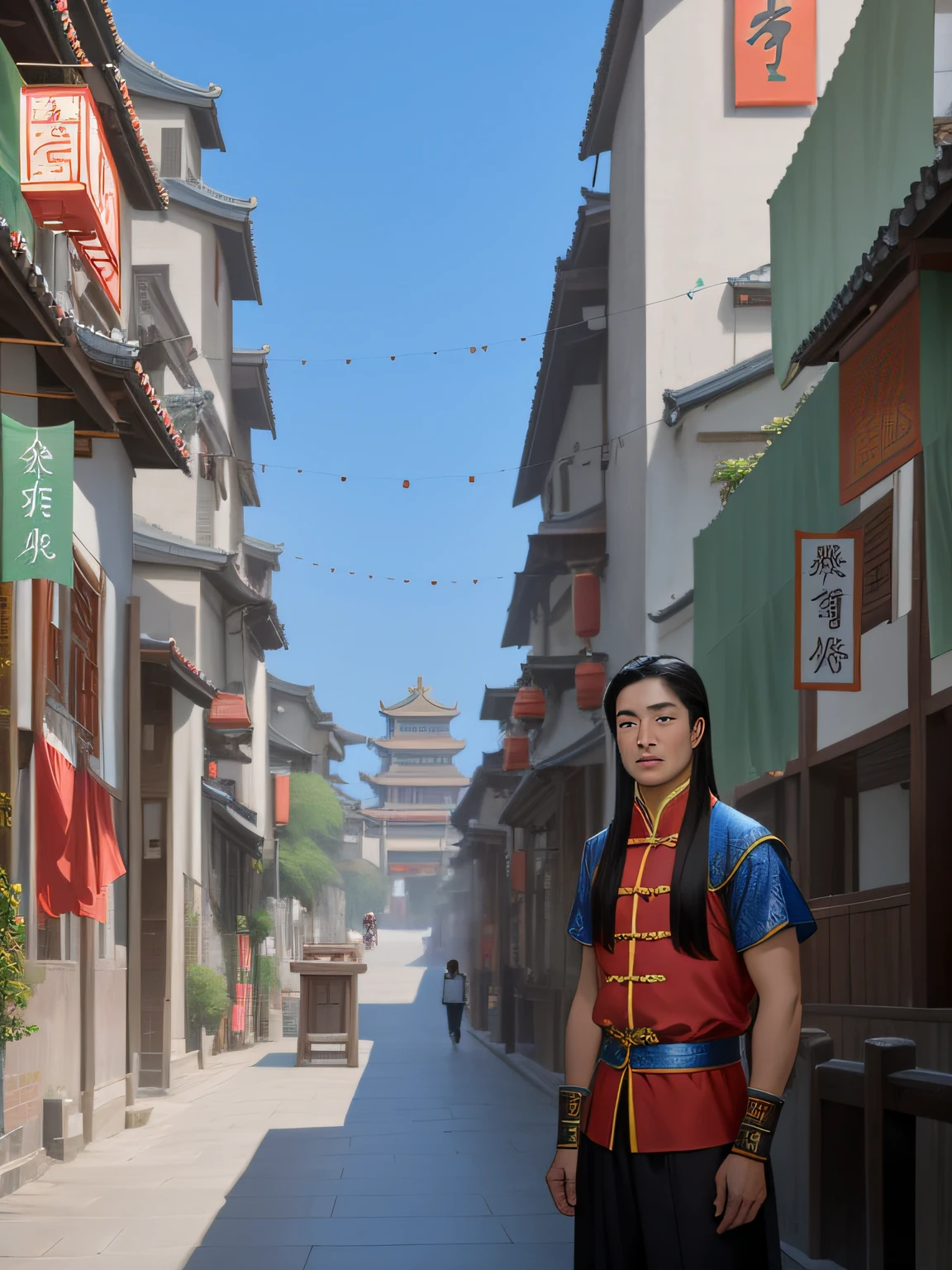 A handsome long-hair Chinese man with big eyes standing in an ancient Chinese city street, standing in an old township street, standing in an alleyway, wideangle portrait, wide - angle portrait, standing in a city center, mid shot portrait, handsome Chinese guy, standing in street, wearing ancient chinese clothes, ancient beautiful Chinese wooden buildings, traditional chinese paved street, chinese wuxia scene, Chinese hero guy, chinese style, ancient Chinese comic prince, wuxia, traditional Chinese clothing, inspired by Gu An, no cars. cold, wet and misty atmostphere, dim light evening. There are some lights from windows and lanterns.