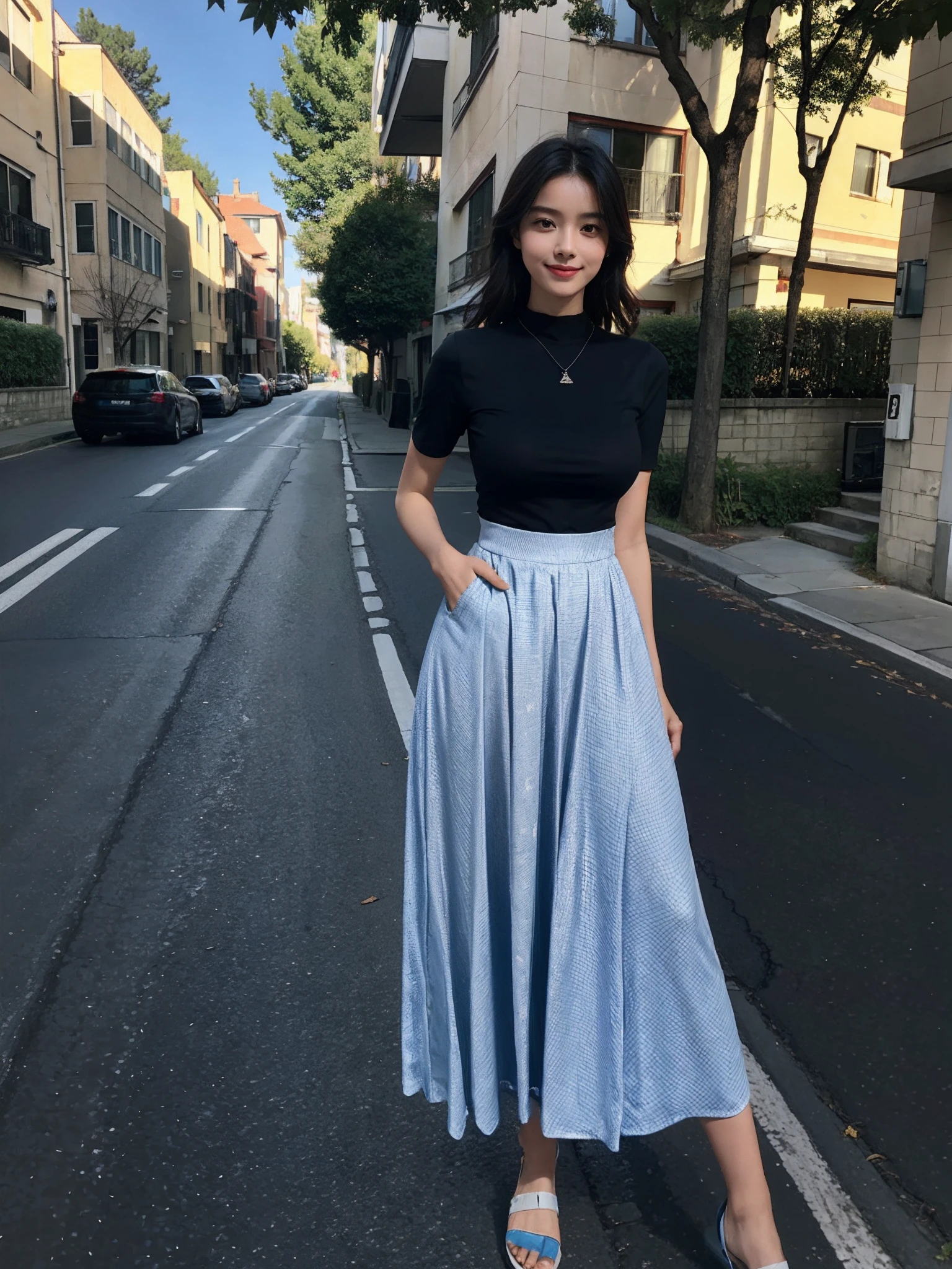 ((smallunderboob,Tomboyish,small heads)), (Well-defined abs: 1.1), (perfect bodies: 1.1), (short-length straighthair: 1.2), Black hair, upper body photos, attractive collarbone，（极其细致的CG 8k壁纸），（Extremely refined and beautiful），（Masterpiece），（best qualtiy：1.0），（超高分辨率：1.0），beautiful light up，Perfect lightning，realistic shaded，[A high resolution]，Smooth and flawless fair skin，ultra - detailed ，Elongated legs，(big breasts:1.2)，(large breasts:1.2)，(huge breasts:1.2)，big hips，Slim，emaciated，Smile，cheerfulness，（Black short-sleeved T-shirt:1.1），（Blue checkered maxi skirt：1.1），White sandals，Summer，eventide，Many people，at the doorstep of a school，Outside the walls，standing，outside，Tree-lined roadsides，A cup of coffee in hand，Close-up