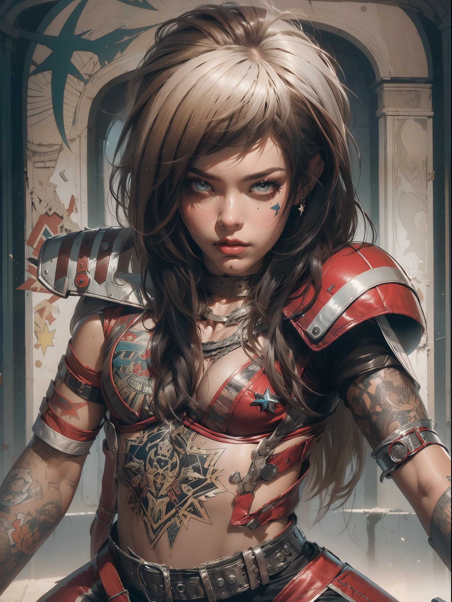 (((mulher))), (((melhor qualidade))), (((obra prima))), (((adulto))), (((1girl))), ((( corte de cabelo bob ))), Uma gladiadora cyberpunk mulher de 25 anos com corpo perfeito, shoulder pads with metal spines, Gladiadores do Brooklyn, (( corte de cabelo bob )), tiny leather panties, camiseta de time de rugby rasgada, quase nua no estilo selvagem urbano de Simon Bisley para a capa da revista Heavy Metal, Cabelo loiro curto, Minimum clothing, Metal protection on the left arm with intricate graphics, Dark red with white stars and zigzag striped pattern, azul marinho e branco, armadura, cheio de espinhos, (((do joelho pra cima))), cabelos loiro branco curto, no fundo uma parede pintada por Shepard Fairey com um design intrincado