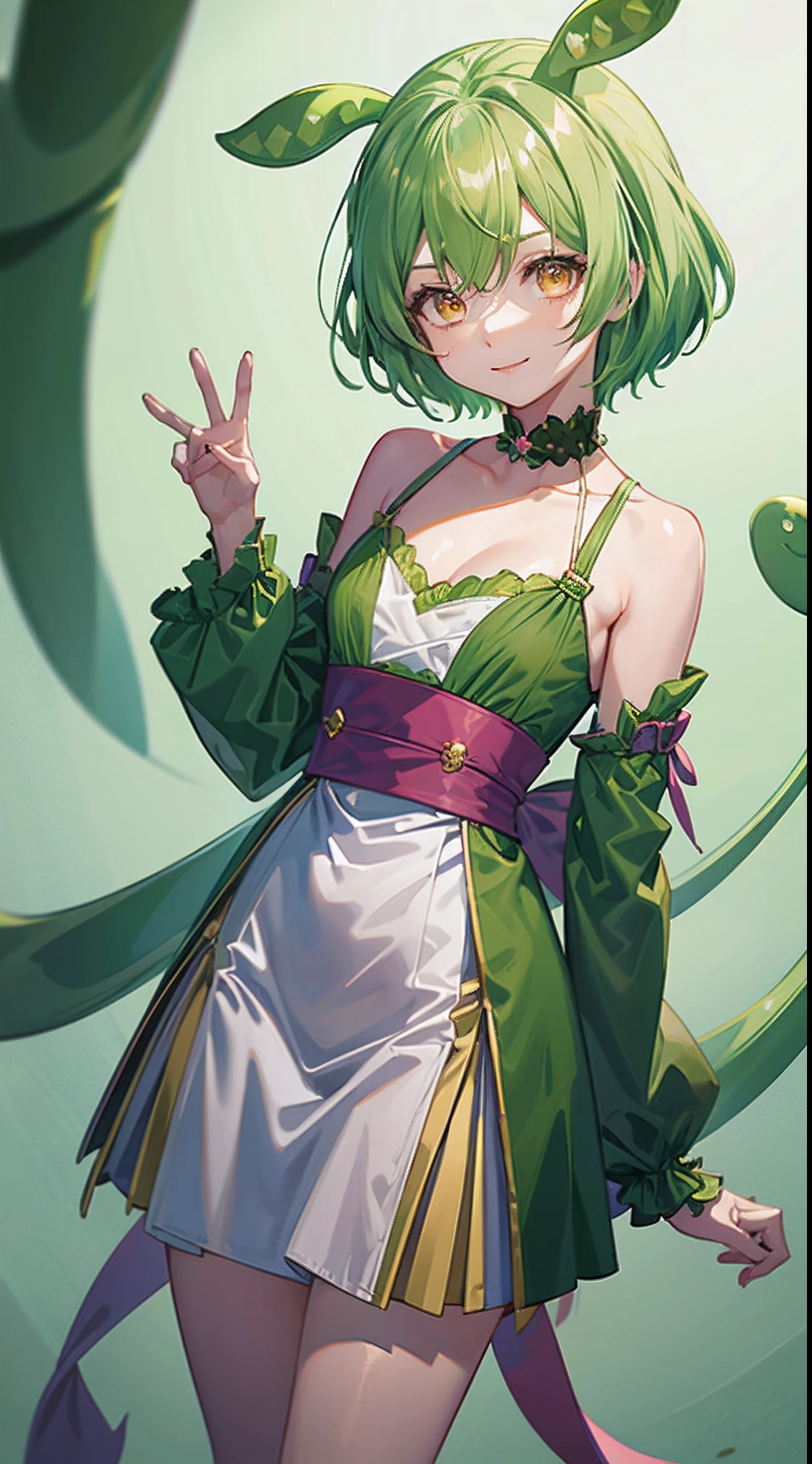 Green hair,short detailed hair,Bitgirl,ers old,Overlooking,年轻,Orange Eyes,Shoulder,鎖骨,Smile,cleavage,(Off-the-shoulder attire 1.2),libraryai,White tight clothes