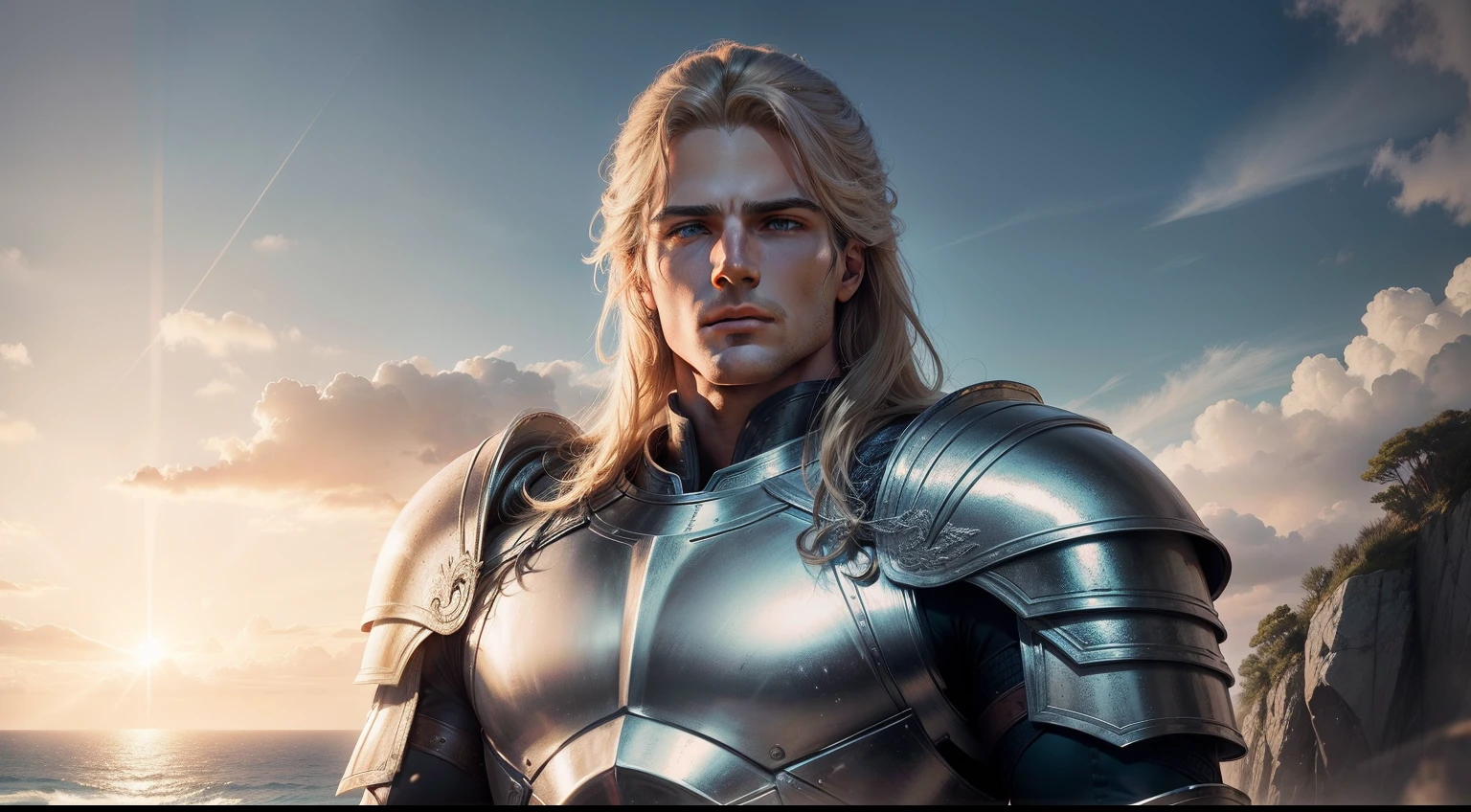 A majestic portrait of Achilles, his armor gleaming in the sunlight, standing atop a hill overlooking the sea.