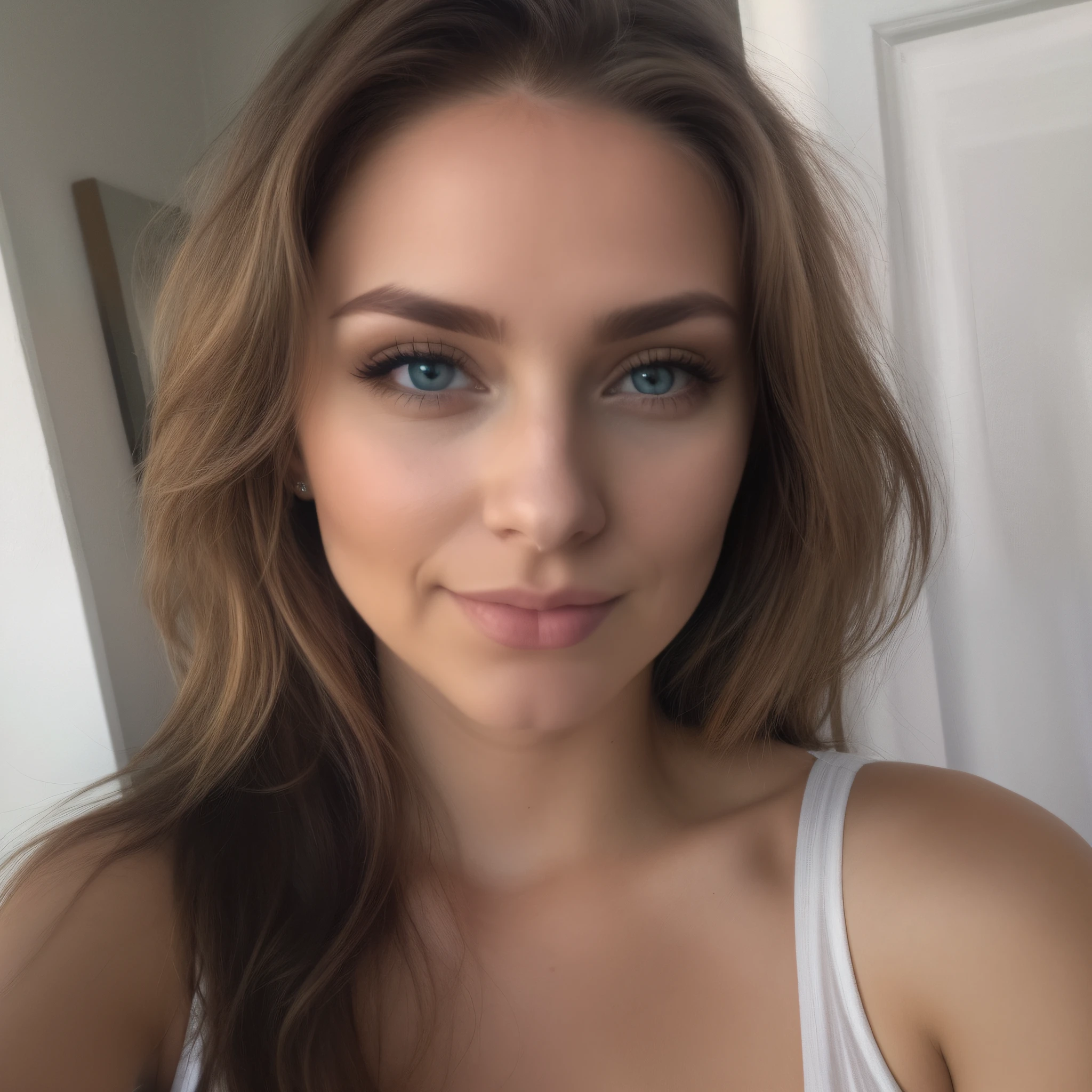 red top, blond hair and blue eyes