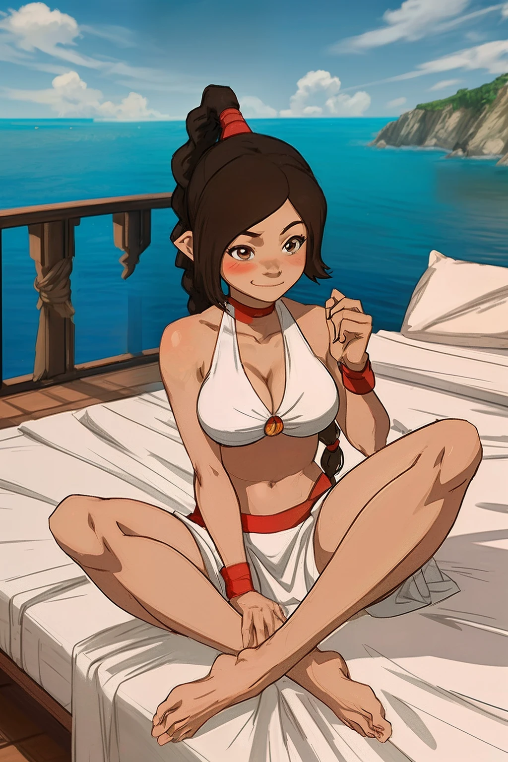 [Ty Lee_(Avatar_the_Last_Airbender)], ((masterpiece:1.4)), ((high res:1.4)), ((High definition)), ((detailed shading)), ((sexy solo portrait)), ((full body)), ((feet visible)), ((anime girl)), (beautiful 3D art)), {attractive; (brown hair; long braided ponytail), (beautiful brown eyes), (blushing), (smile), (tongue out), curvaceous hips, beautiful lips, abs, large boobs, (cleavage), (detailed leg muscles), (beautiful feet)}, {white bikini top, red panties}, {(on bed), (on hands and knees), (legs parted)}, [background; bedroom, (window, beach), sun rays]