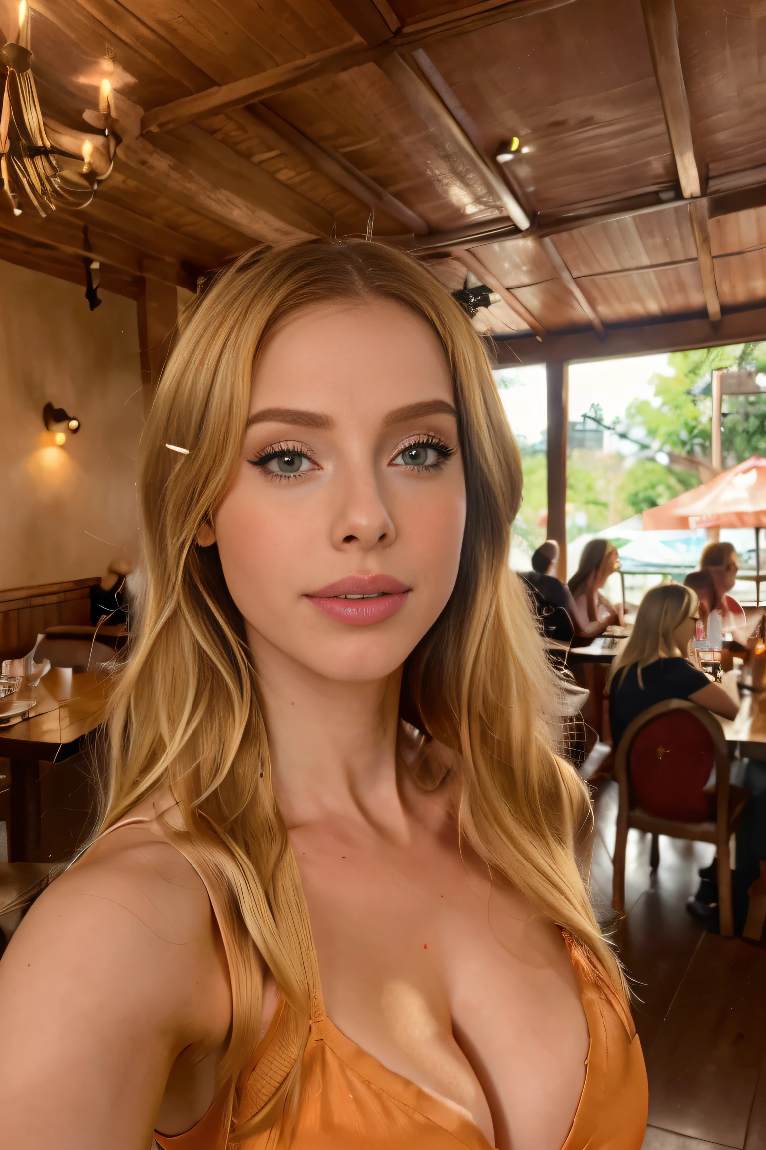 ((mulher loira) Close view, Selfie Shot,  blonde hair, Amouranth,  mais conhecido como Amouranth, jovem Amouranth bonito, em restaurante de montanha