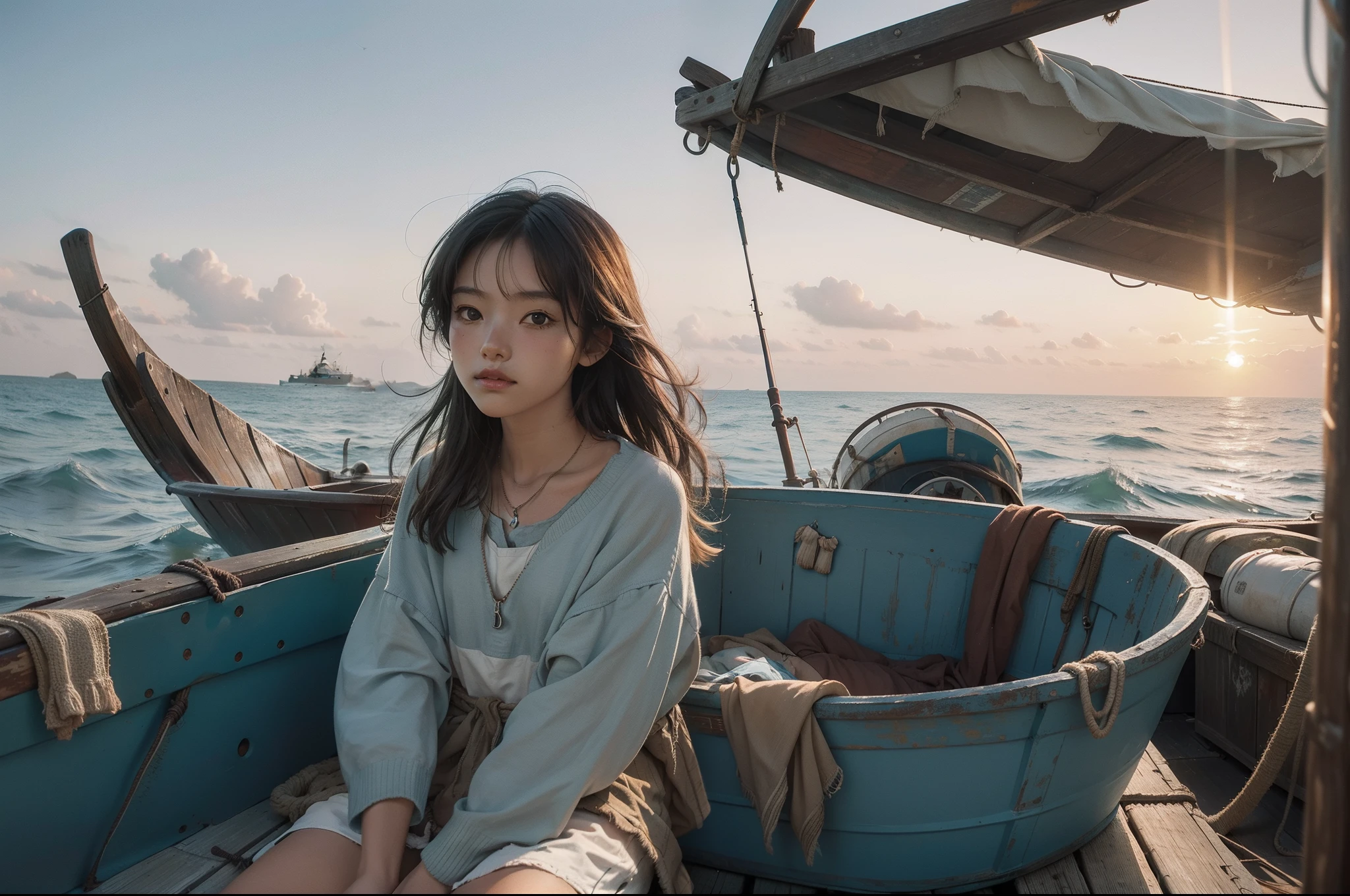 Portrait of a young fisherman watching the sunset , dress with worn out clothes, sitting on his old boat, boat floating on the sea. Endless sea with small waves, cirrus clouds, marine birds flying. Boat with fishing baskets.