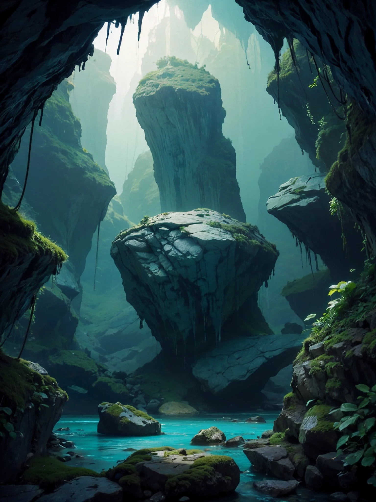 lanscape, 8k potrait of beautiful cave landscape with tall rock stone, intricate, elegant, point of interest photography, perfect natural lighting (masterpiece, sidelighting, finely detailed beautiful lanscape), long hair, realistic mountain, realistic sky, beautiful sky, medium ray of light, rule of third photography, point of interest photography, perfect lanscape color tone, realistic lake, realistic leav, realistic grass, realistic climb, realistic tree, sureal photography, cave, realistic moss, realistic water, water reflection, dramatic shadow, realistic nature rope, tree rope, realistic rock stone, Fog, Foggy,