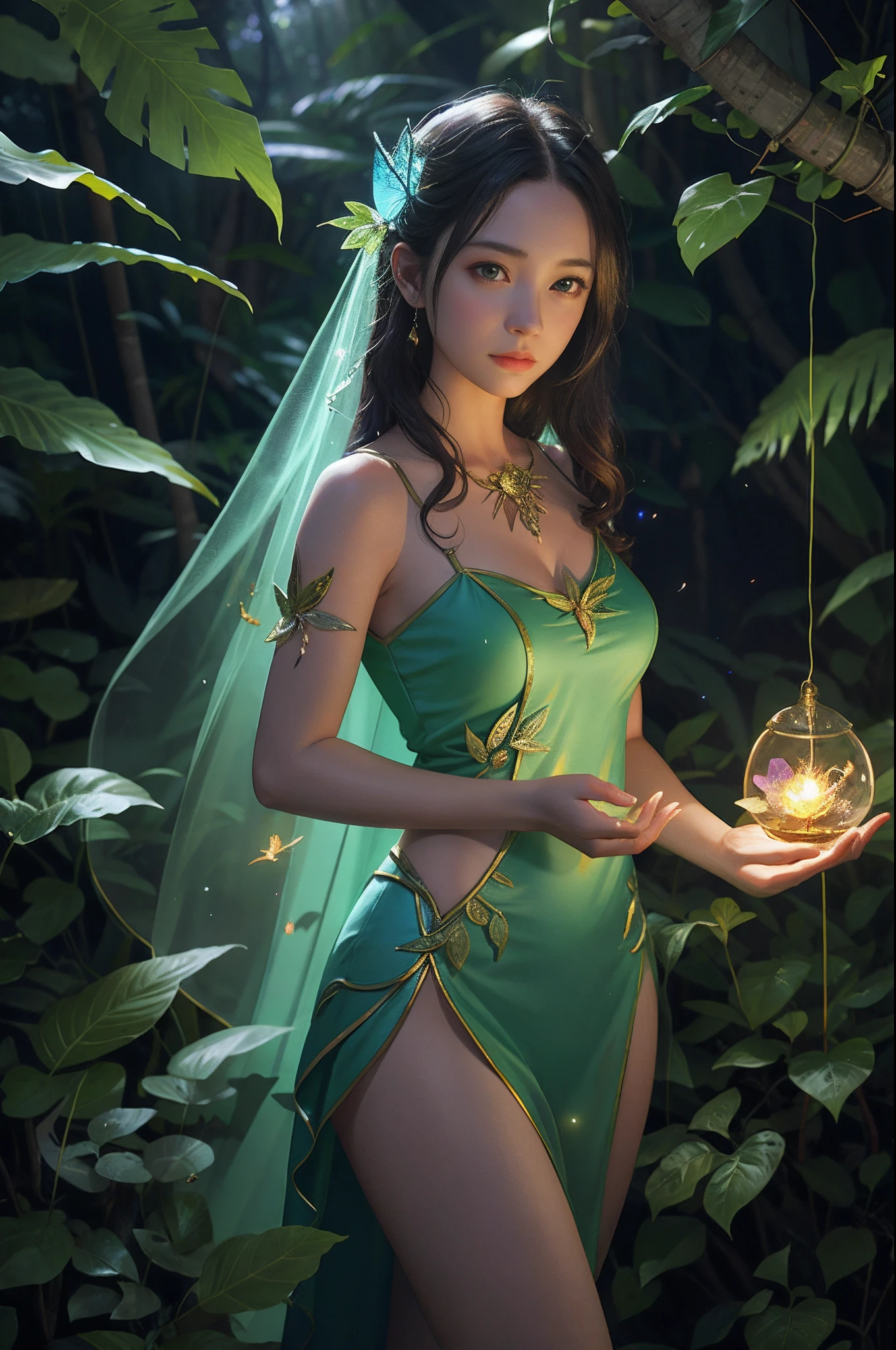 Fantasy in a lot of glass, Illuminate the night,"ethereal roses, Cute slime,Tiere, glowing little mushrooms surrounded by delicate leaves and branches, and fireflies and glowing particle effects, girl", (Natural elements), (Jungle theme), (Leaves), (Branches), (fireflys), butterflys, (delicate leaves), (Glow), (particles effect), Super realistic, super detailed, Dramatic Lightning, 4K, masutepiece,