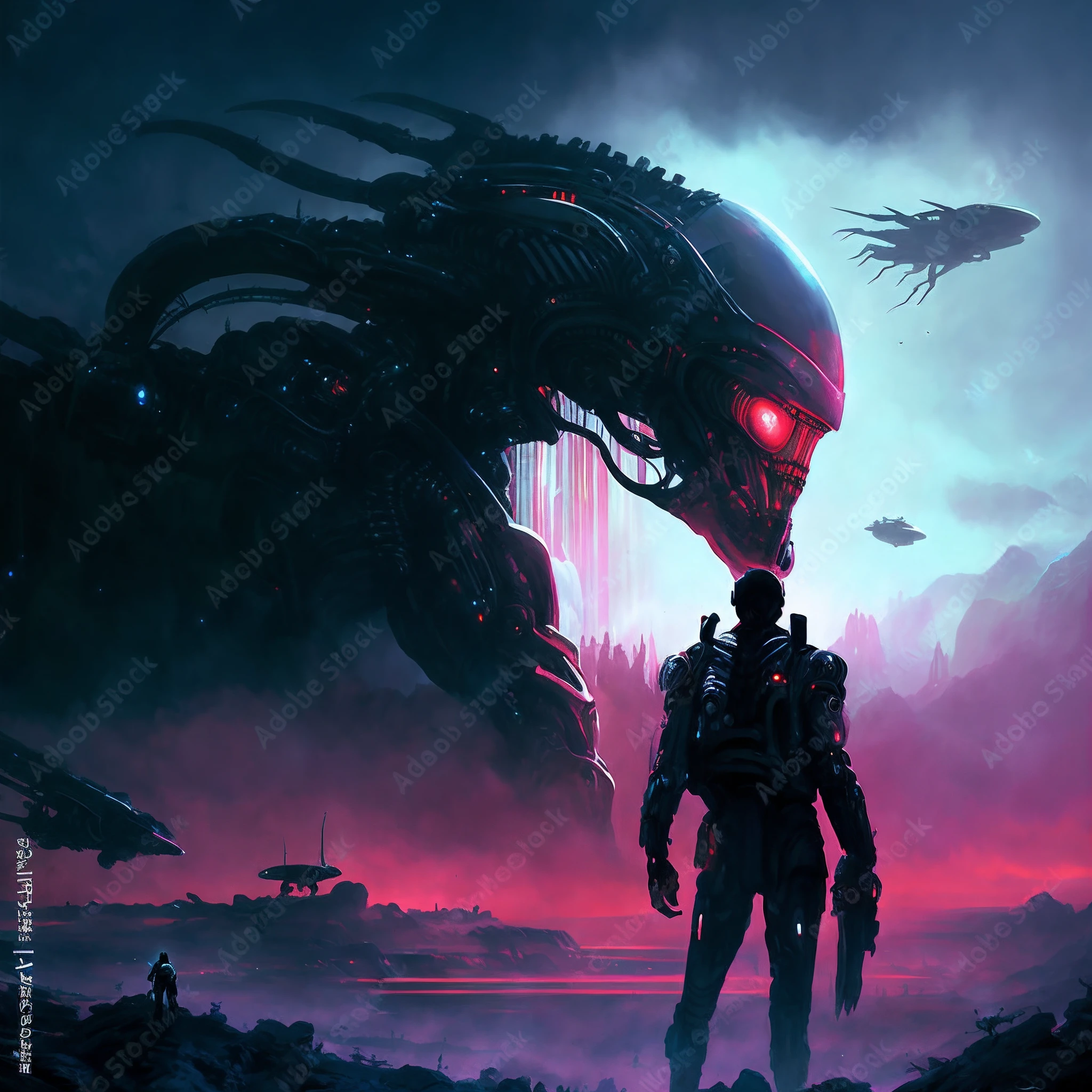 Alien man in front of a giant alien creature, Sci-Fi Digital Art Illustration, epic fantasy sci fi illustration, sci fi epic digital art, arte digital sci-fi, Pintura Digital Sci Fi, sci - fi illustration, sci-fi illustration, Pintura Digital Sci-Fi, digital concept art illustration, arte sci fi, sci fi alien world, scifi illustration