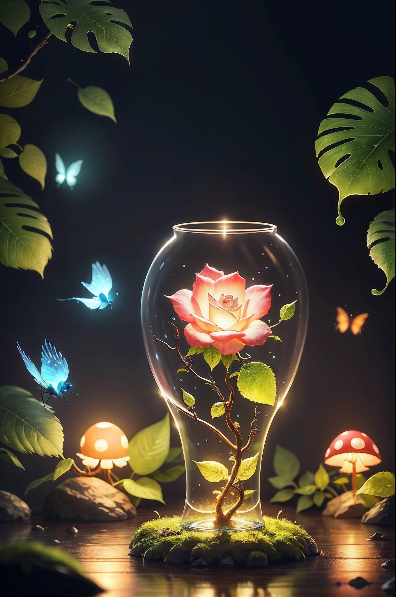 Fantasy in the glass, "ethereal roses, cute slime animals, glowing little mushrooms surrounded by delicate leaves and branches, and fireflies and glowing particle effects, girl", (Natural elements), (Jungle theme), (Leaves), (Branches), (fireflys), butterflys, (delicate leaves), (Glow), (particles effect), Super realistic, super detailed, Dramatic Lightning, 4K, masutepiece,