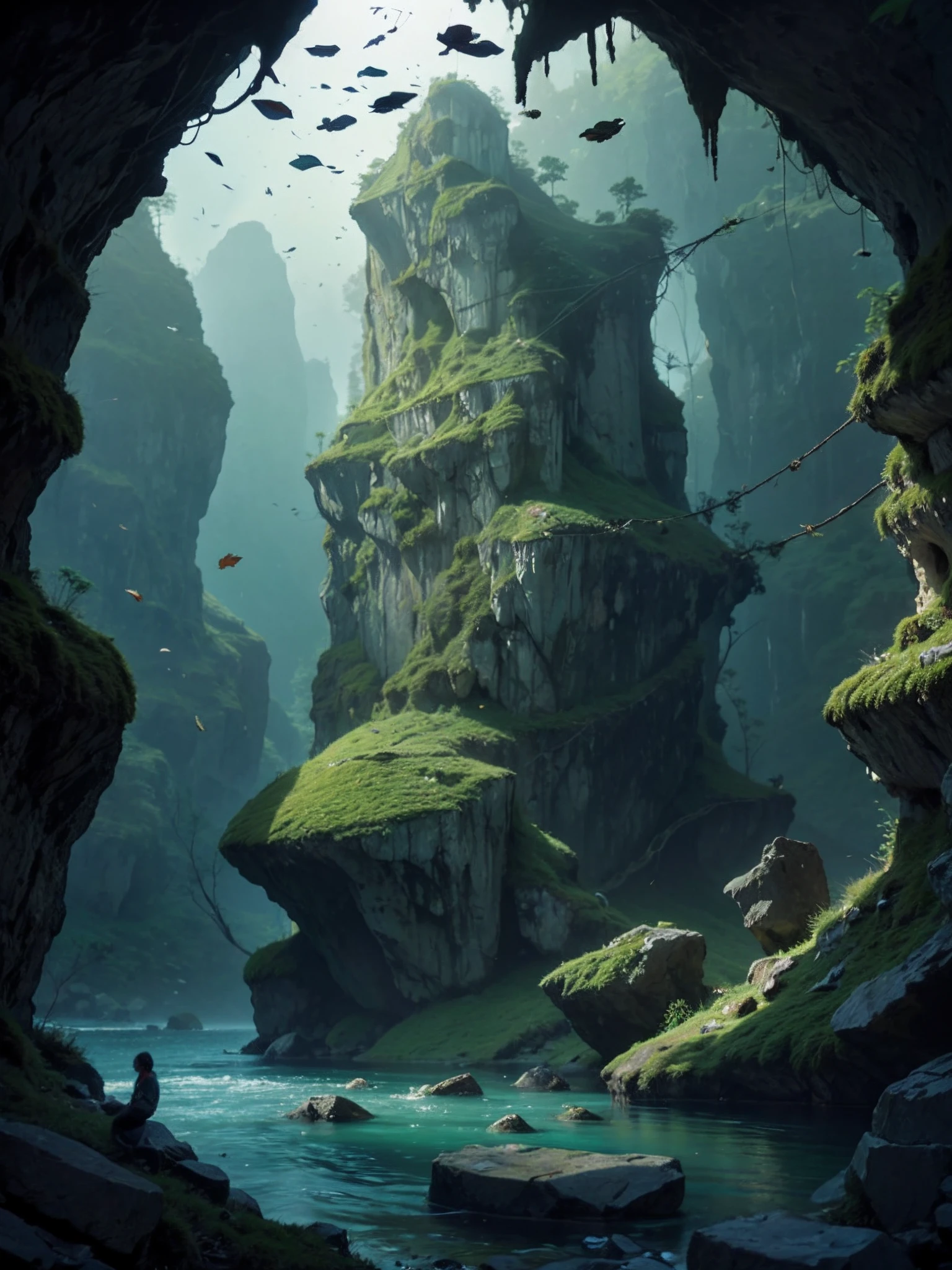 lanscape, 8k potrait of beautiful cave landscape with tall rock stone, intricate, elegant, point of interest photography, perfect natural lighting (masterpiece, sidelighting, finely detailed beautiful lanscape), long hair, realistic mountain, realistic sky, beautiful sky, medium ray of light, rule of third photography, point of interest photography, perfect lanscape color tone, realistic lake, realistic leaf, falling leaf, realistic grass, realistic climb, realistic tree, sureal photography, cave, realistic moss, realistic water, water reflection, dramatic shadow, realistic nature rope, tree rope, realistic rock stone, Fog, Foggy, saturation glow light