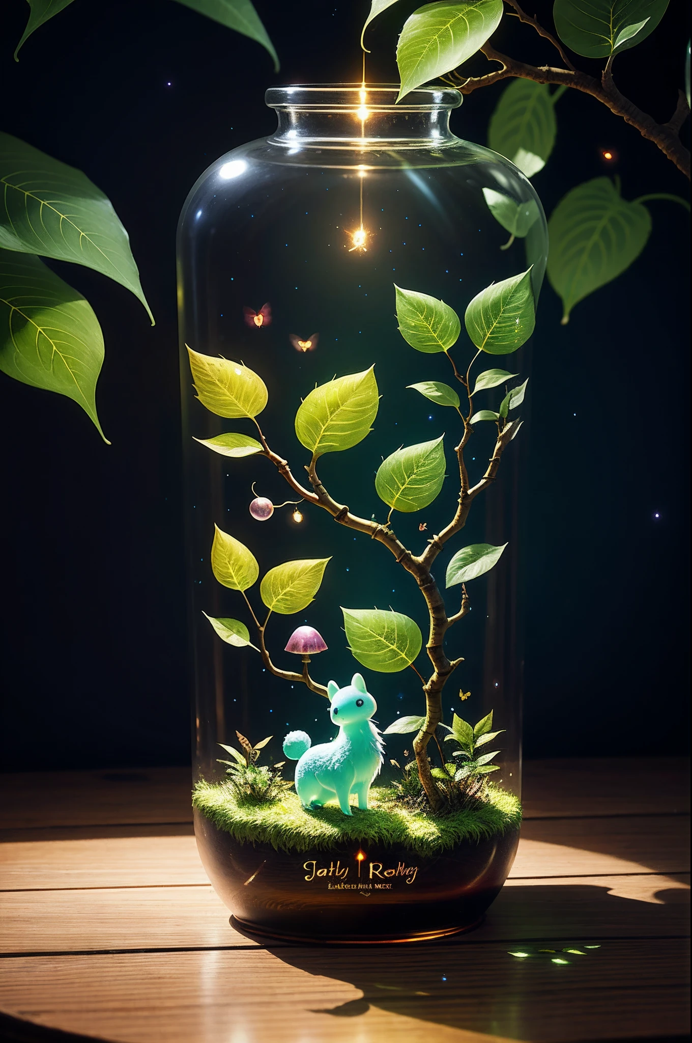 Fantasy in the glass, "ethereal roses, cute slime animals, glowing little mushrooms surrounded by delicate leaves and branches, and fireflies and glowing particle effects, girl", (Natural elements), (Jungle theme), (Leaves), (Branches), (fireflys), butterflys, (delicate leaves), (Glow), (particles effect), Super realistic, super detailed, Dramatic Lightning, 4K, masutepiece,