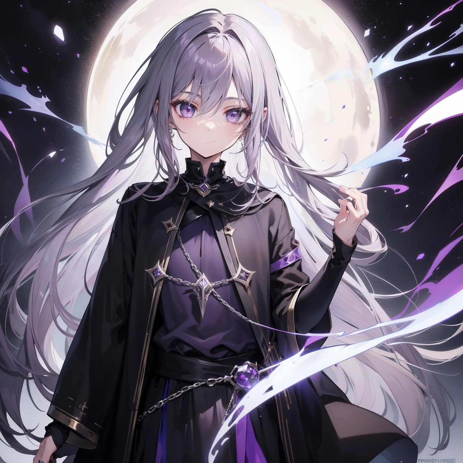 skinny boy, cute pretty young facial features, dark eyes, long dark-purple-gray hair, dark mage, black fit clothes, lots of silver jewelry, calm smile