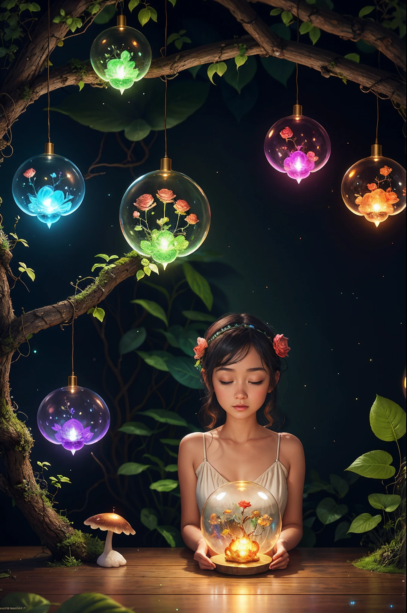 Fantasy in the glass, "ethereal roses, cute slime animals, glowing little mushrooms surrounded by delicate leaves and branches, and fireflies and glowing particle effects, girl", (Natural elements), (Jungle theme), (Leaves), (Branches), (fireflys), butterflys, (delicate leaves), (Glow), (particles effect), Super realistic, super detailed, Dramatic Lightning, 4K, masutepiece,