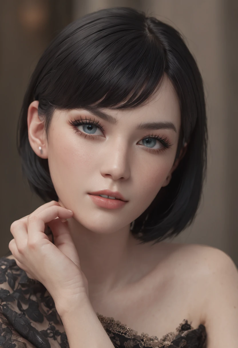 Black hair, short hair, blue eye color, black eyeliner, tattoo, full body, 8k sakin, 8k detail, ultra realistic face, ultra quality, ultra realistic, 8k skin detail