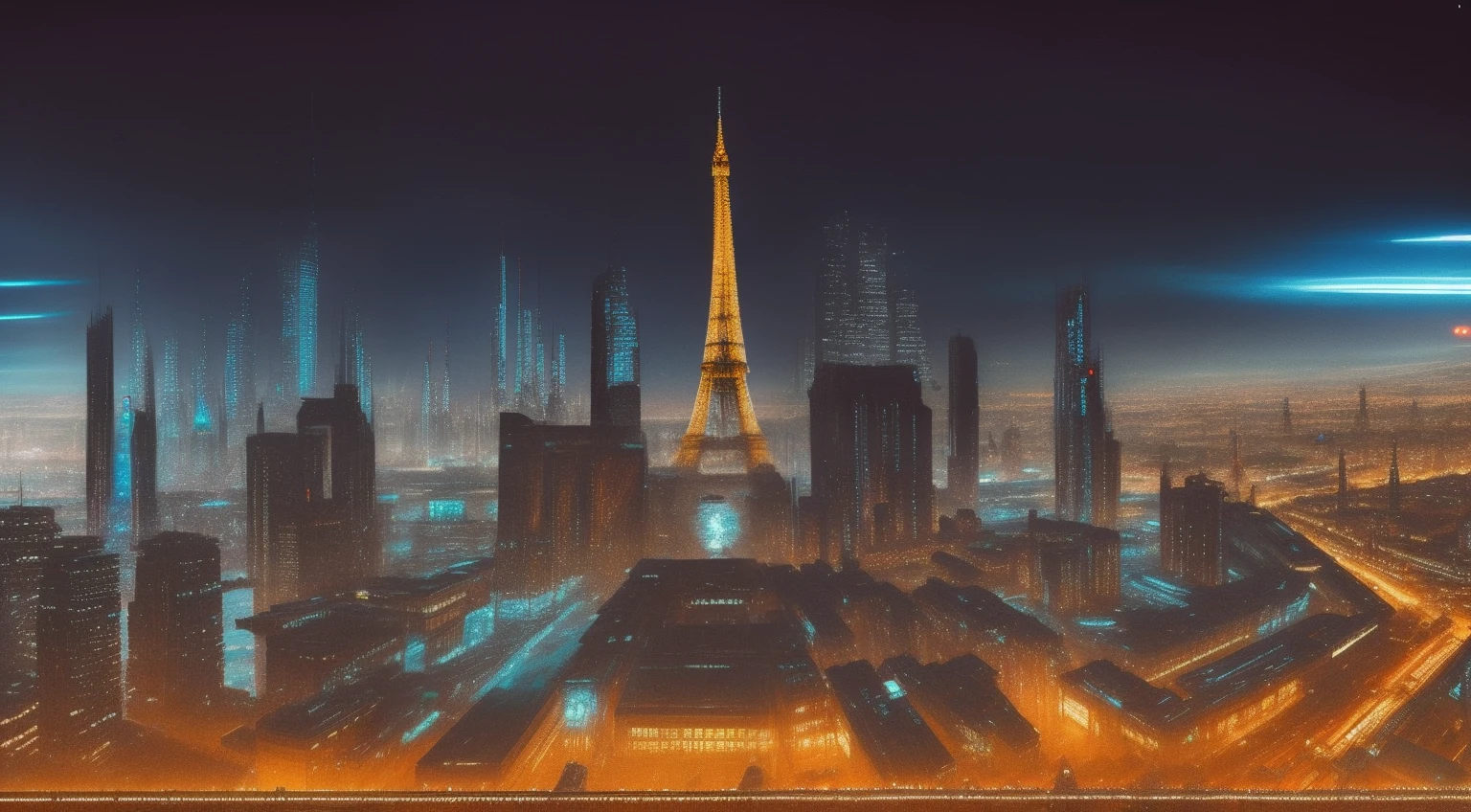 amateur painting of a cyberpunk cityscape in Paris at night, futuristic paris, cyberpunk computer, Notre Dame in the middle of skyscrapers, effeil tower dynamic scene, lineart,  hand-drawn, athletic, face prosthetic, cyberpunk, cybernetics