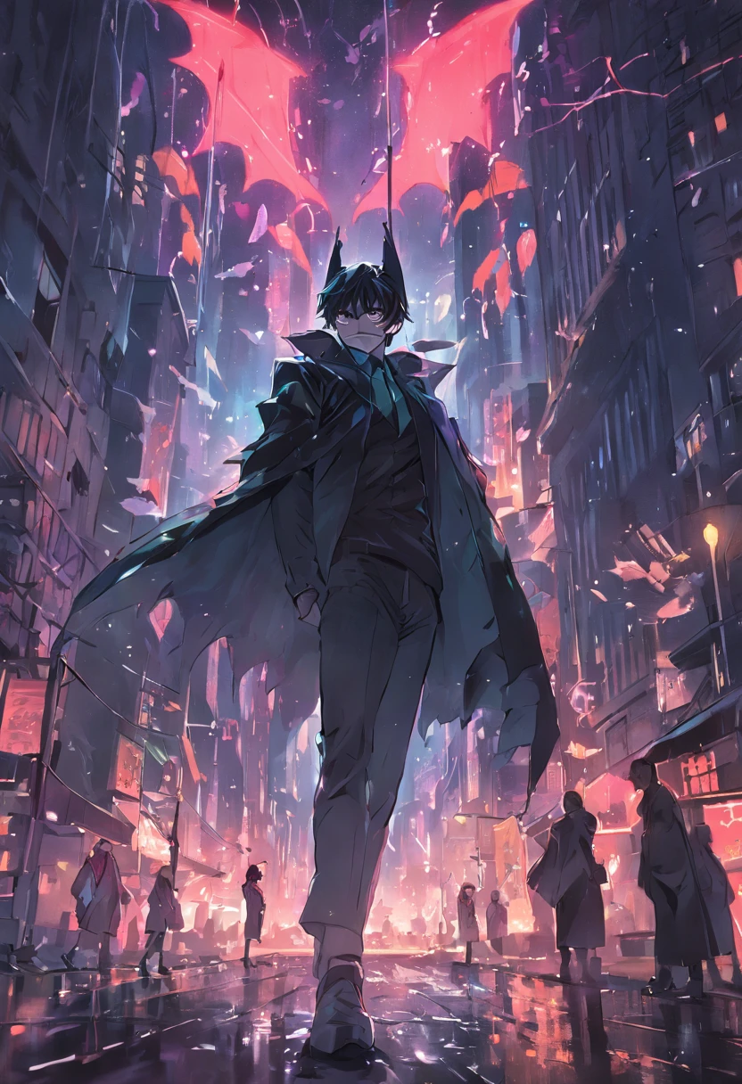 Street view overlooking Gotham,the night,neonlight,drizzle