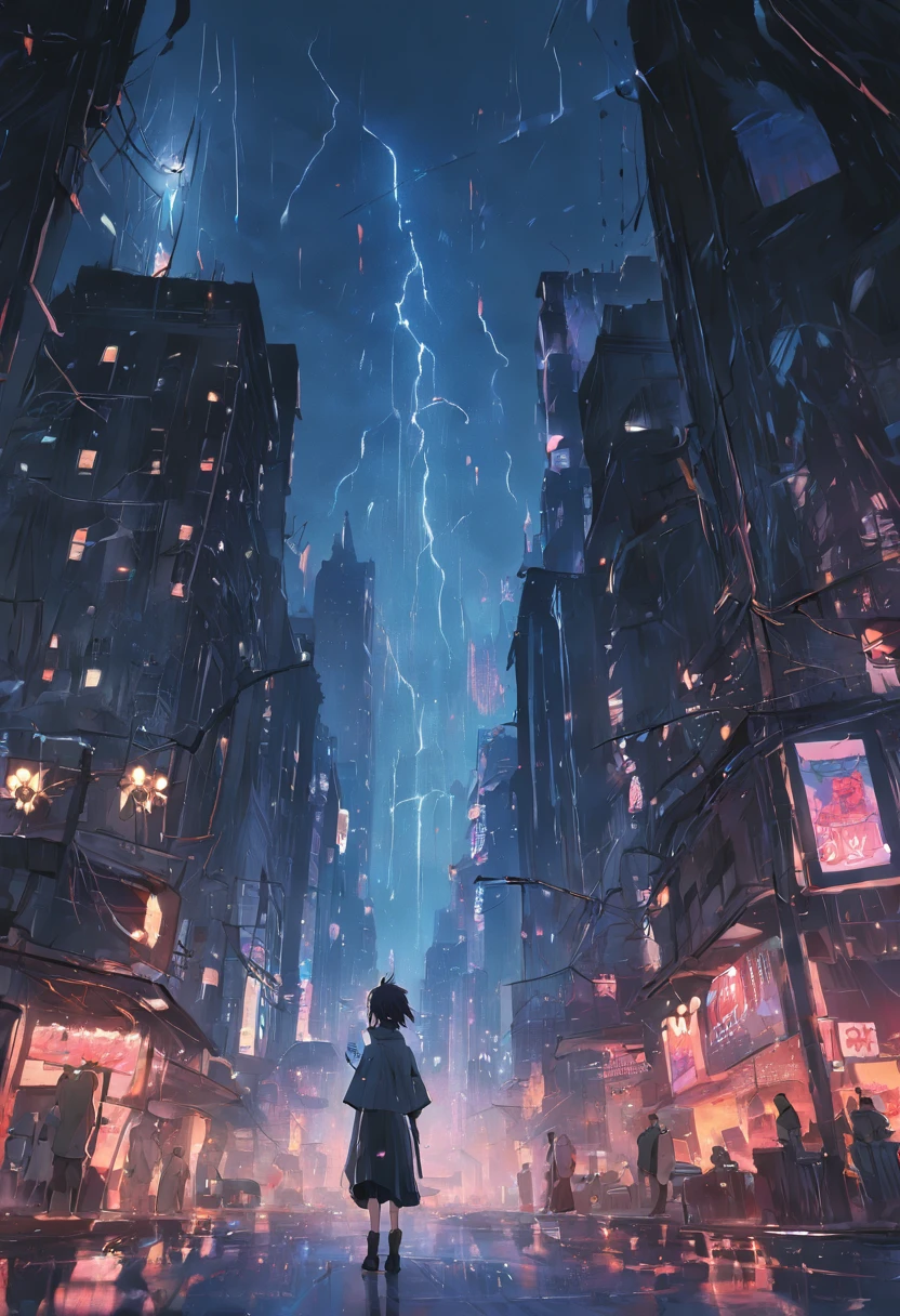 Street view overlooking Gotham，the night，neonlight，drizzle