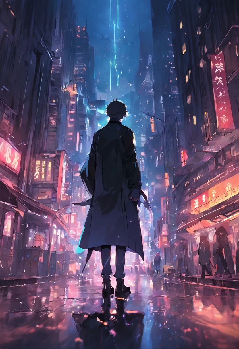 Street view overlooking Gotham，the night，neonlight，drizzle