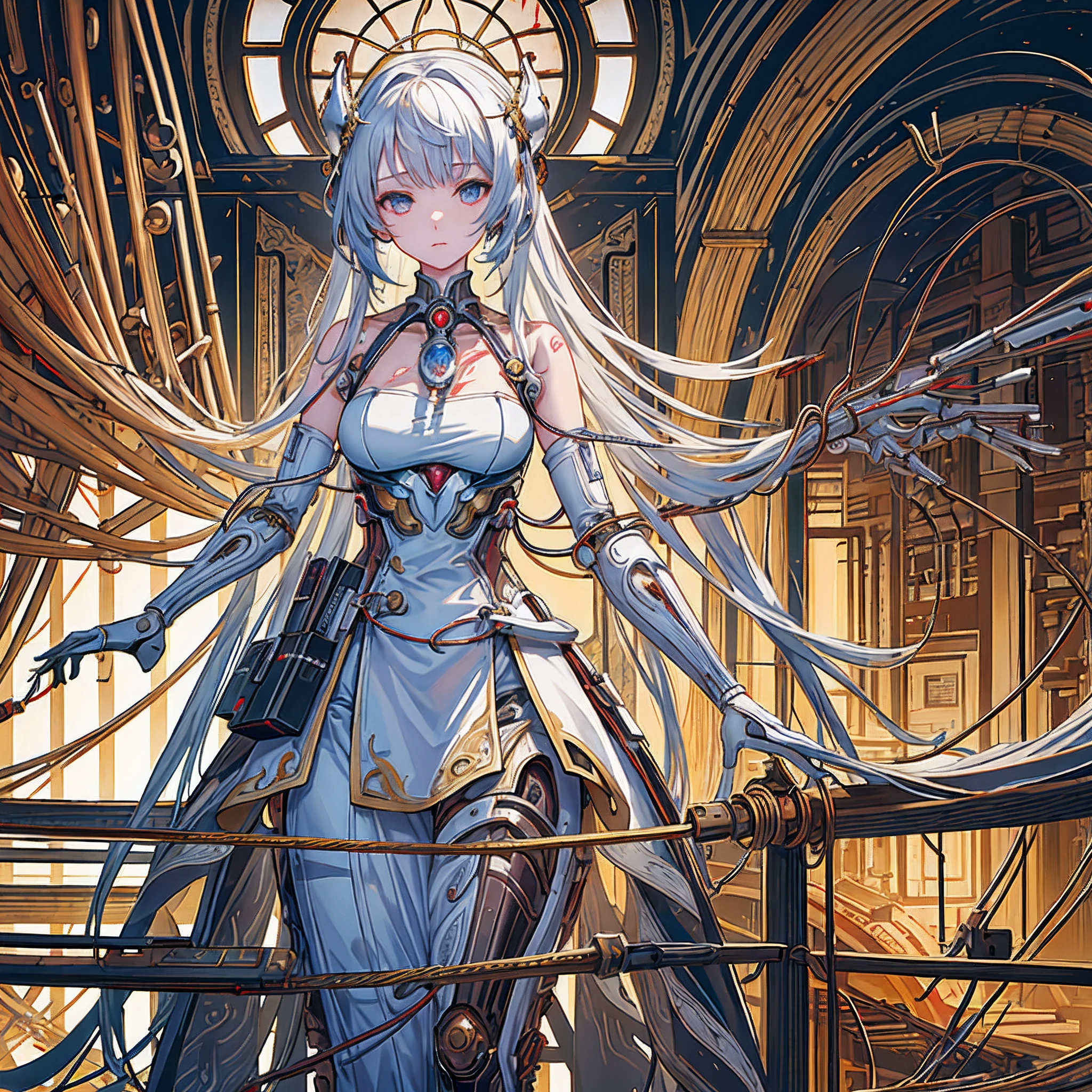 (((masterpiece))), (((best quality))), ((ultra-detailed)), (highly detailed CG illustration), ((an extremely delicate and beautiful)),cinematic light,((1mechanical girl)),solo,(cowboy shot:1.2),(machine made joints:1.2),((machanical limbs)),(blood vessels connected to tubes),(mechanical vertebra attaching to back),((mechanical cervial attaching to neck)),expressionless,(wires and cables attaching to neck:1.2),(wires and cables on head:1.2),(character focus),science fiction,extreme detailed,colorful,highest detailed, loongs,fengs,background,