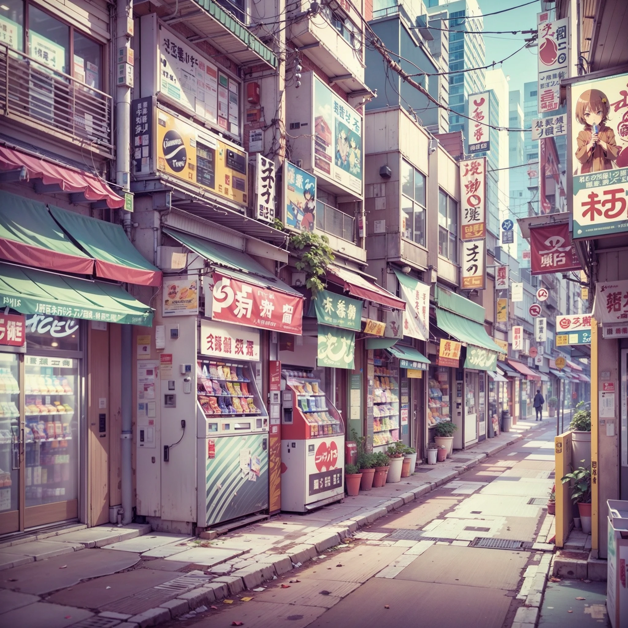 Anime background, empty, compact Japanese downtown street. anime, anime style. vending machines, trash cans, plant pots, drains, air vents, gutters, pipes, wires, big Japanese shop signs, retro Japanese shop banners. (no one :1), no one in sight.