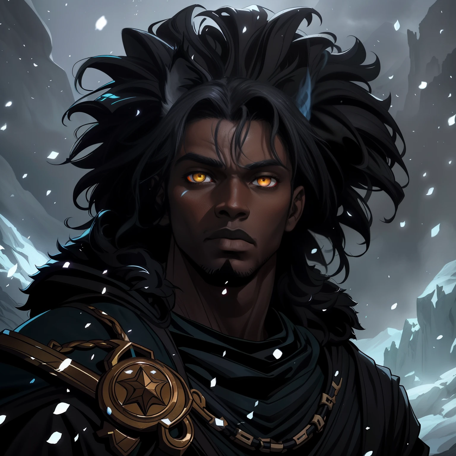 A closeup of a black man with lynx eyes and ears African beauty well-marked masculinity in a mysterious and dark look amid a blizzard on a snowy mountain A character wearing black robes for a medieval RPG and with some scars on his face and a dark look he is a character illustration for RPG with dark colors and gray he has a wise and snobbish look to do a very magical and amazing background image use shadows light contour and black smoke to compose the photo He is in a dramatic pose for a medieval RPG art RPG art RPG character illustration art dramatic pose for an RPG art style League of Legends Art of a pet rpg in a medieval art Illustration of medieval art in an art cartoon style arcane style league of legends art cartoon illustration 8k hd cinematic lights contrasted backlights