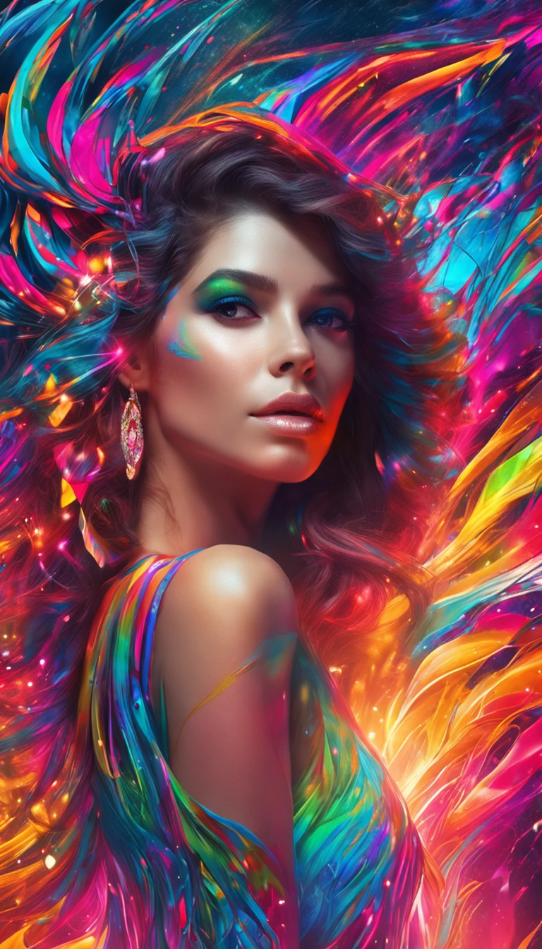 Entre las cascadas, Una chica impresionante brillaba como una gema preciosa, Su belleza rivaliza con las gotitas brillantes. Her unique blend of modern and beautiful styles reflected her vibrant personality and brought joy to all who witnessed her charm.., Alto brillo y brillo, Multicolored neon art