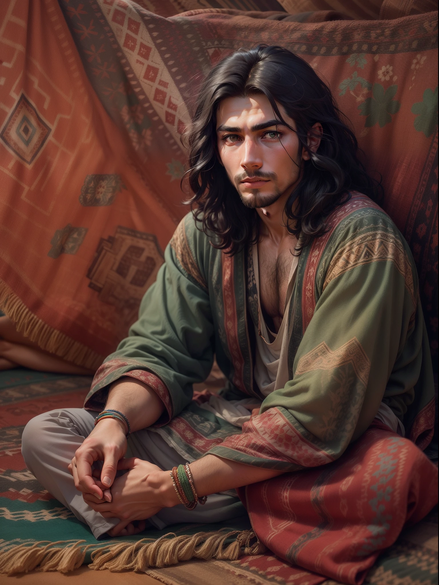 1 half-naked Bedouin, Man 20 years old, Sits under a patterned canopy, among the pillows, Boho, Ethno style, Incense sticks, on the carpet, drinks tea, (appearance: swarthy dark-haired, without a beard, Green attentive eyes, beatiful face), Masterpiece, ultradetail, hyper realisitc, Against the backdrop of desert dunes