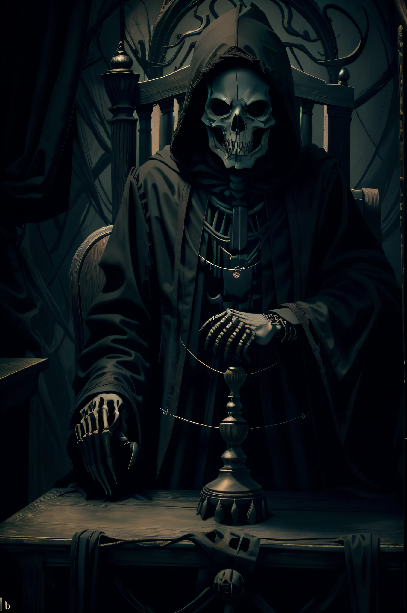 A skeleton wearing a black overcoat with a hood sits at a high judge's table holding a gavel. Bottom front view. The environment is gloomy and spooky.