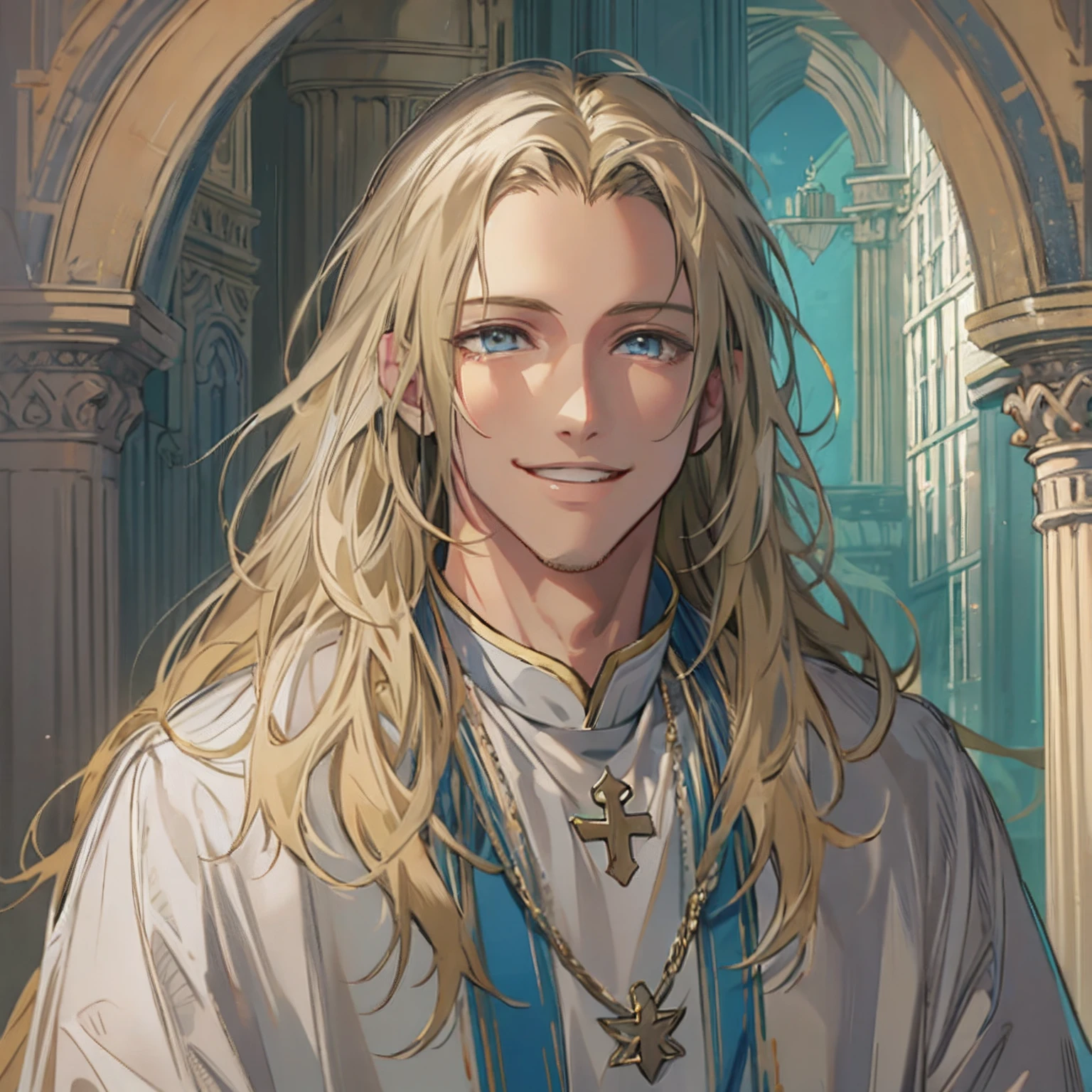 Blonde long-haired priest,Blue eyes,Refreshing atmosphere,Smiling and looking at me,daili25Only male,hiquality