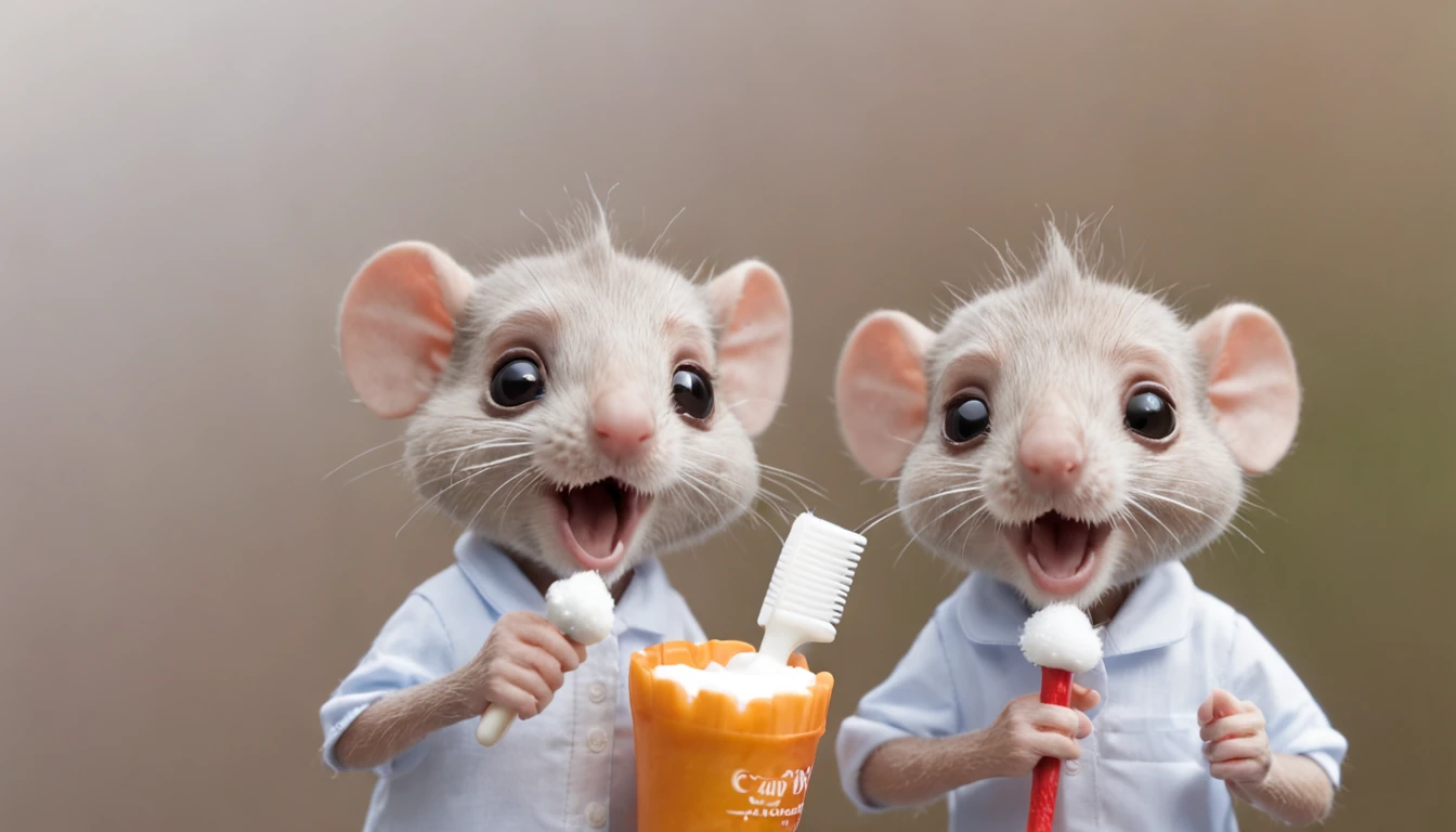 A ratinha Maria Ritinha, Renato and Roberto his two brothers mice brushing their teeth a fun action, Making toothbrushing a friendly competition to see who could make the most foam.