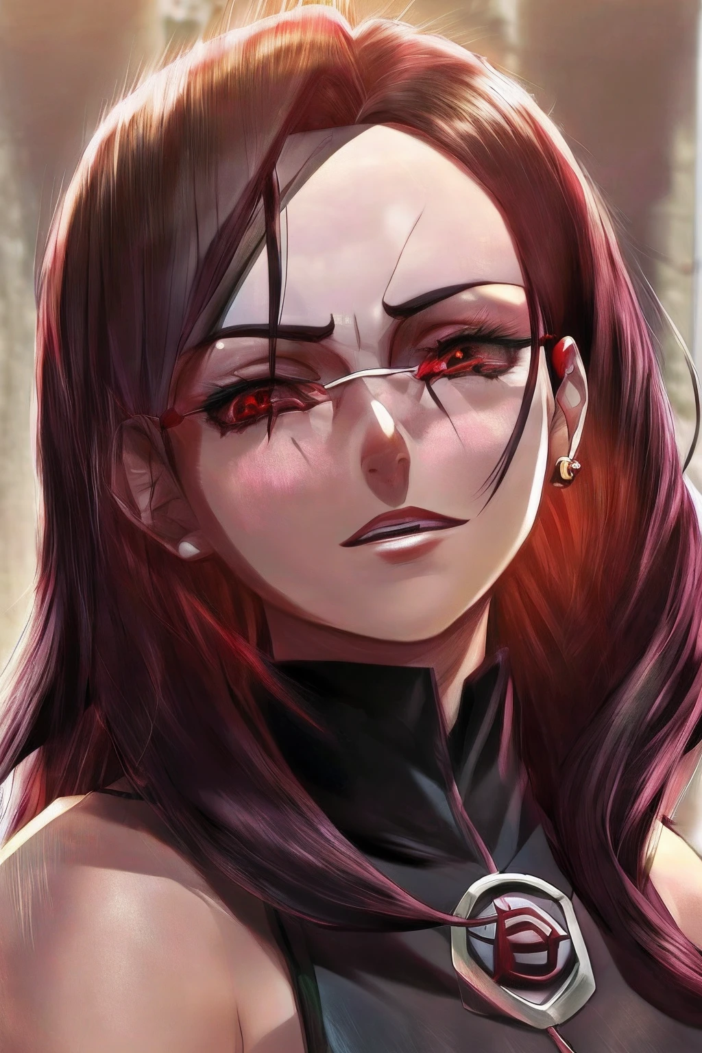 Sarada Uchiha com cabelo curto preto, olhando para longe, Foto retrato suave 8 k, lorde, sombras suaves no rosto, fino bonito - rosto, Cabelos pretos, black hair, sarada from boruto, cabelo preto e curto, olhos vermelhos, vestindo uma roupa vermelha, Sarada Uchiha, itachi uchiha, soft natural lighting, medium portrait soft light, beautiful fine face features, soft golden hour lighting, retrato de alta qualidade, Rosto Extremamente Bonito, rosto perfeitamente iluminado