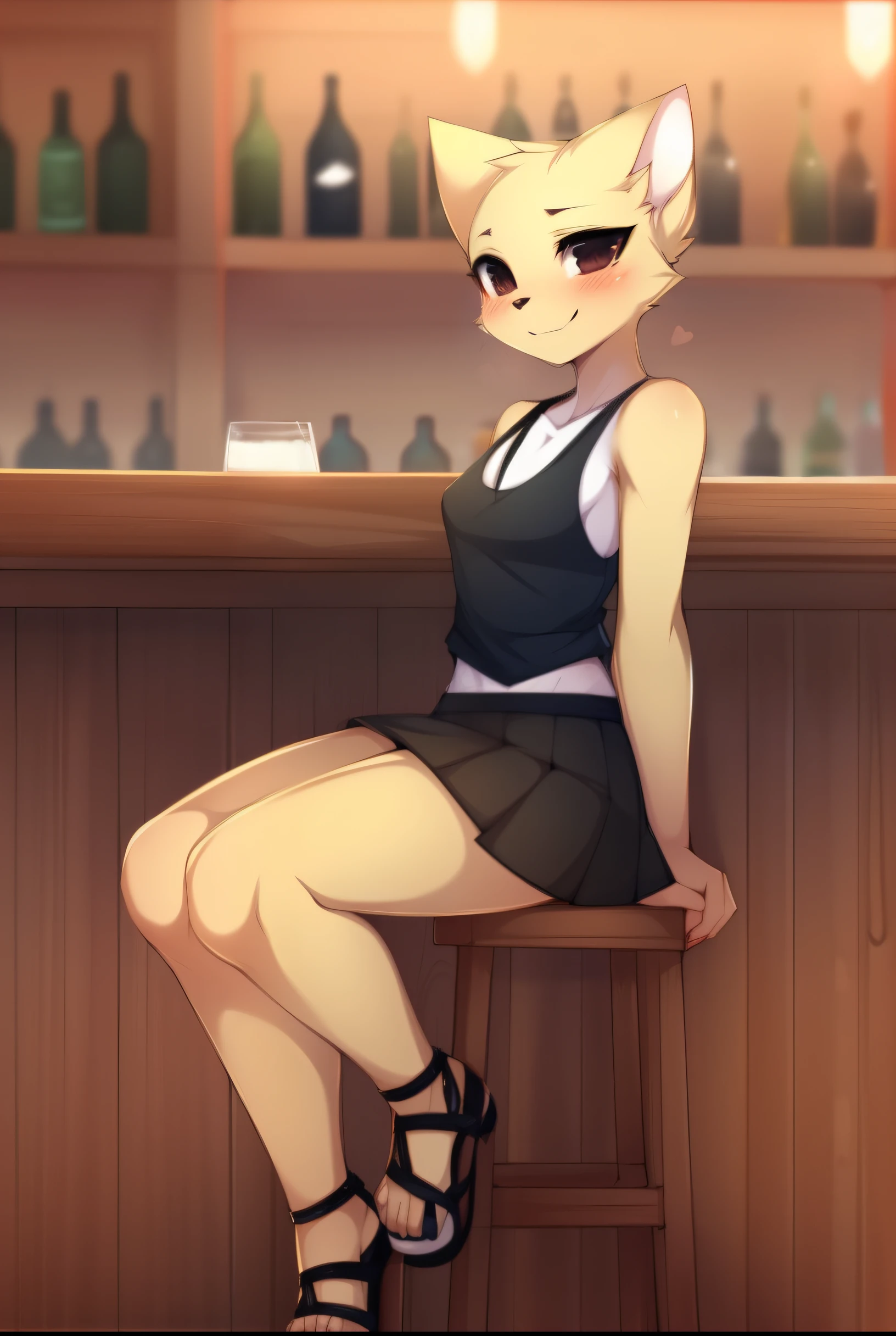 katia, cat girl, furry anthro, solo, black eyes, furry body:1.1), tall, thick thighs, (best quality), wearing green tank top, black skirt, sandals, at a bar, sitting on a stool, blushing, winking, by teranen, by woolrool, side view