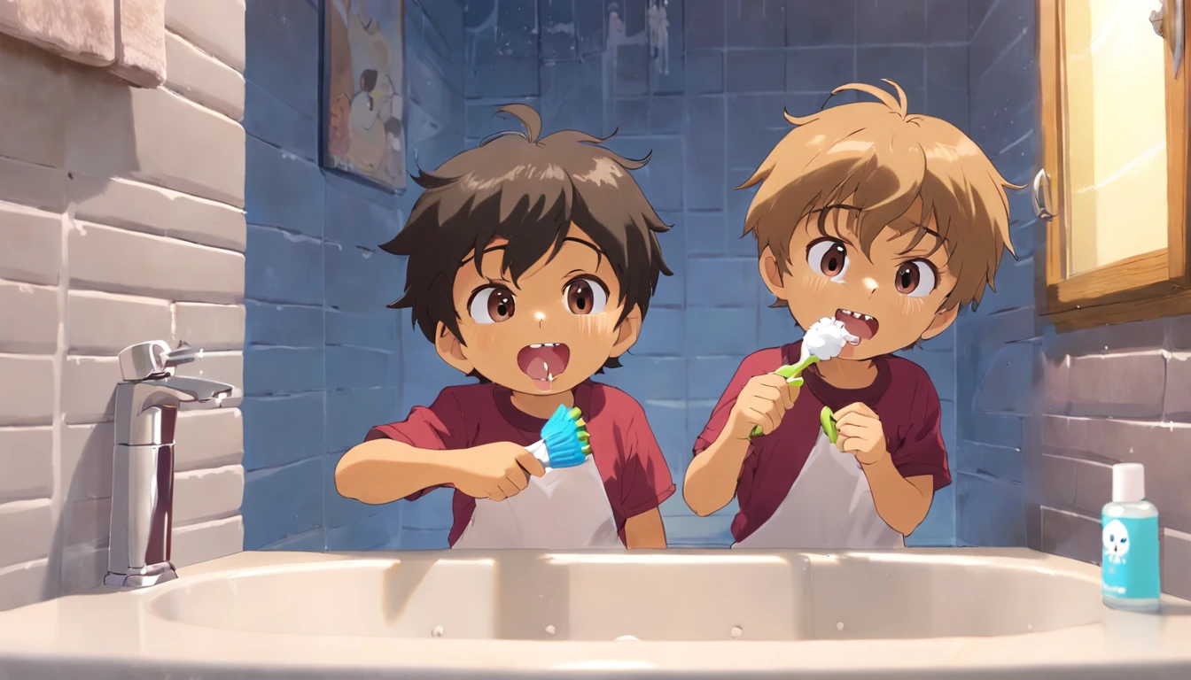 A ratinha Maria Ritinha, Renato and Roberto his two brothers mice brushing their teeth a fun action, Making toothbrushing a friendly competition to see who could make the most foam.