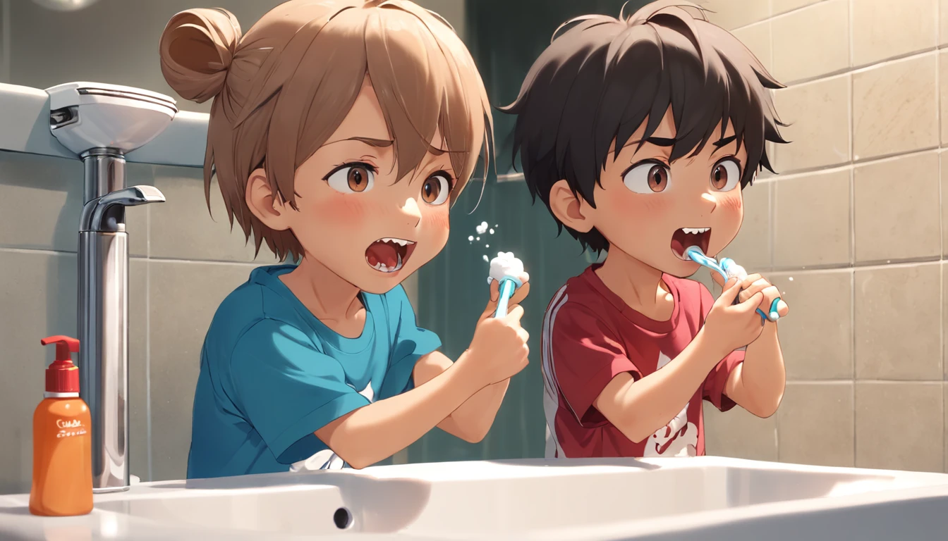 A ratinha Maria Ritinha, Renato and Roberto his two brothers mice brushing their teeth a fun action, Making toothbrushing a friendly competition to see who could make the most foam.