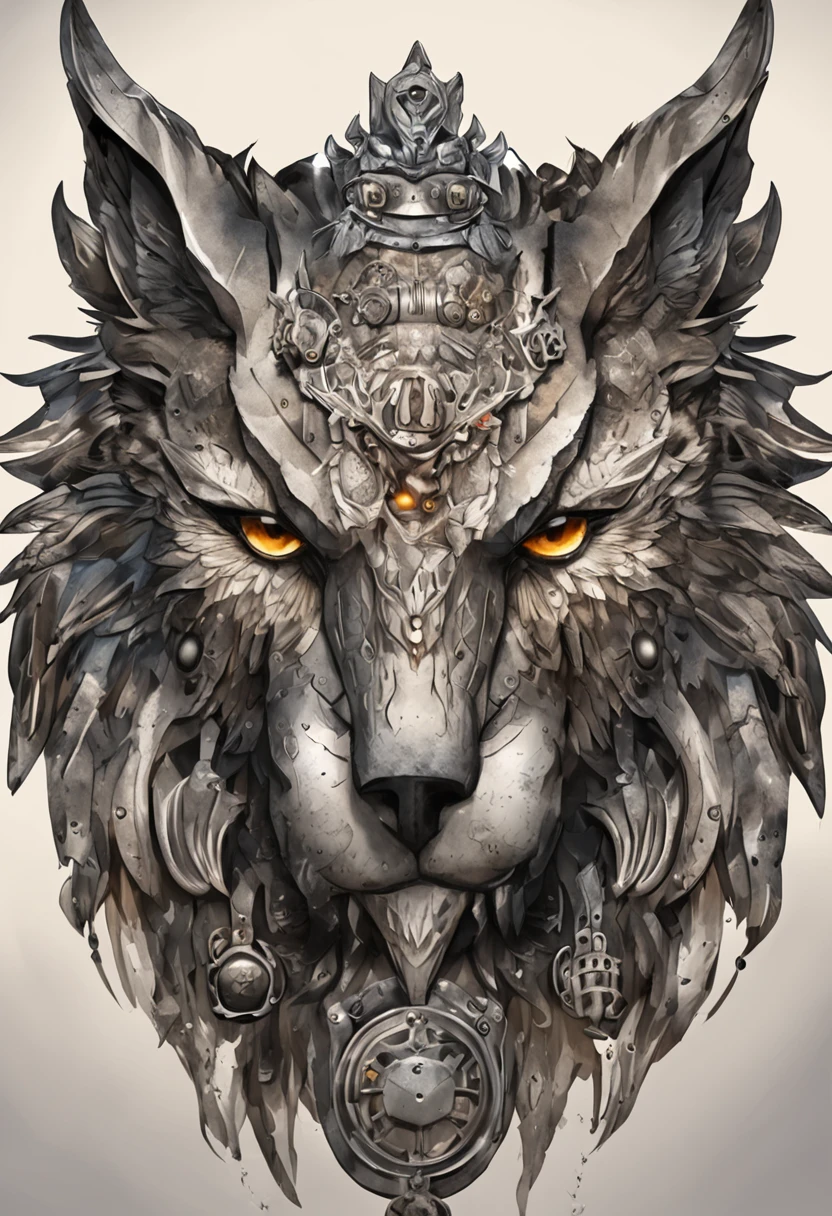 maximum quality, Dramatic lighting, menacing pose, fierce expression, epic atmosphere, (((owl head shaped helmet))), (((full body shot))),a wolf made out of metal, cyborg, cyberpunk style, clockwork, ((intricate details)), hdr, ((intricate details, hyperdetailed)), incandescent lamps, cinematic shot, vignette, bokeh effect beckground, (canines), (full body shot).