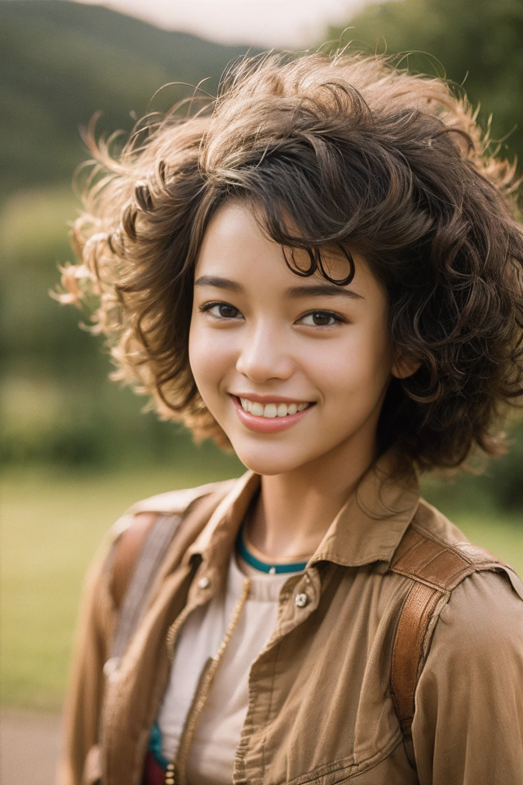 1girl in,Smirk,Curly hair,Brown hair,rejuvenating,Retro,Film Grain Beautiful Landscape,a smile,Afro Hair