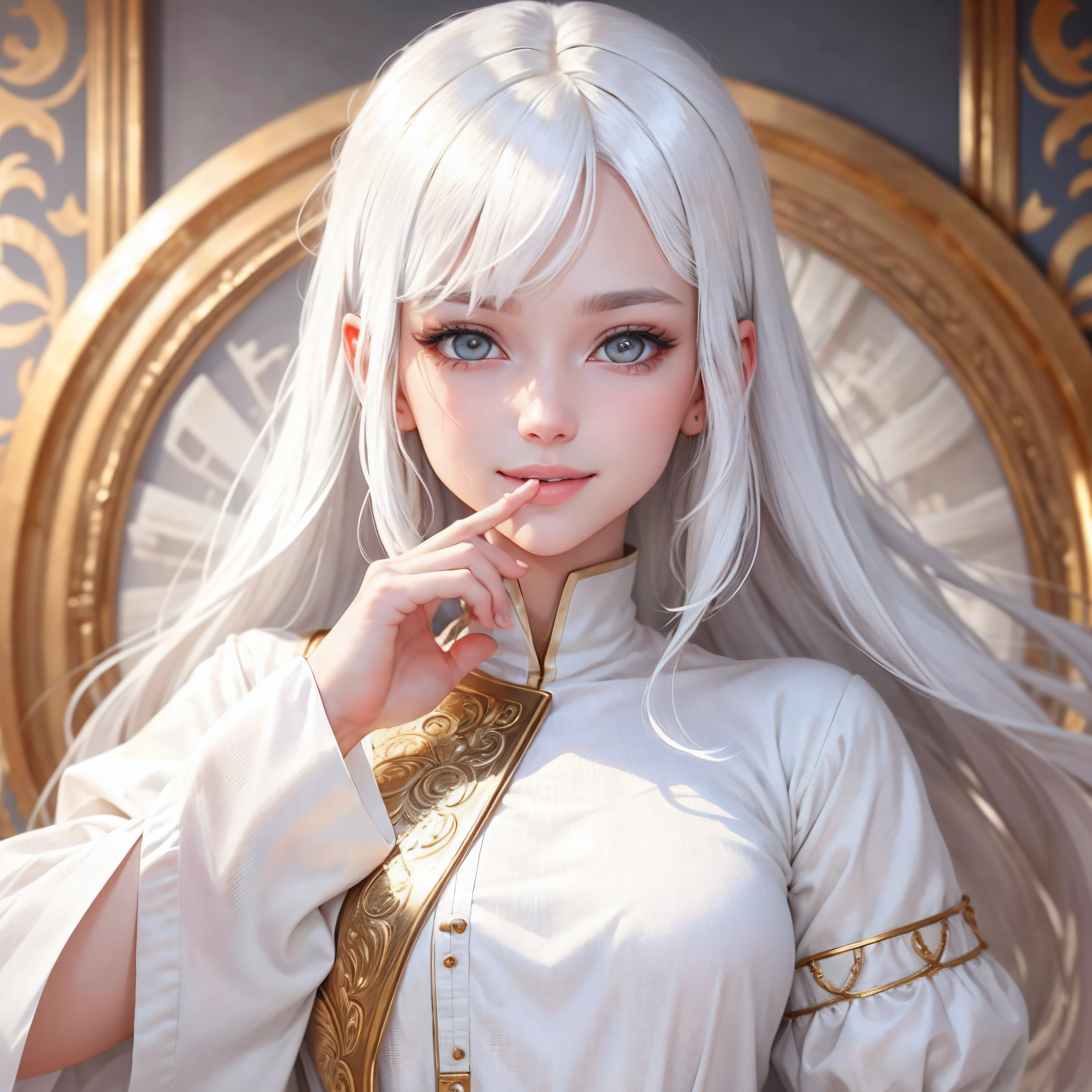 best quality, white hair, gold eyes, white clothes, looking up, upper body, hair strand, Fair skin, smiling, finger to the mouth