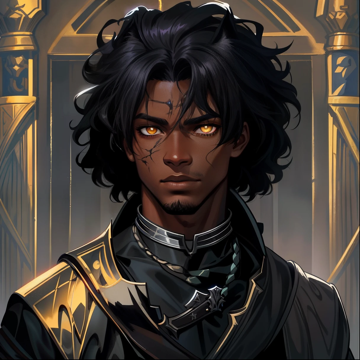 A closeup of a young black teenage man with lynx eyes and ears African beauty well-marked masculinity in a mysterious and dark look amid a blizzard on a snowy mountain A character wearing black robes for a medieval RPG and with some scars on his face and a dark look he is a character illustration for RPG with dark colors and gray he has a wise look and snob make a very magical and amazing background image use shadows outline light and black smoke to compose the photo He is in a dramatic pose for a medieval RPG art RPG art RPG character illustration art dramatic pose for a League of Legends style RPG art Art of a pet rpg in a medieval art Medieval art illustration in an art cartoon style arcane style league of legends art cartoon illustration 8k hd cinematic lights contrasted backlights