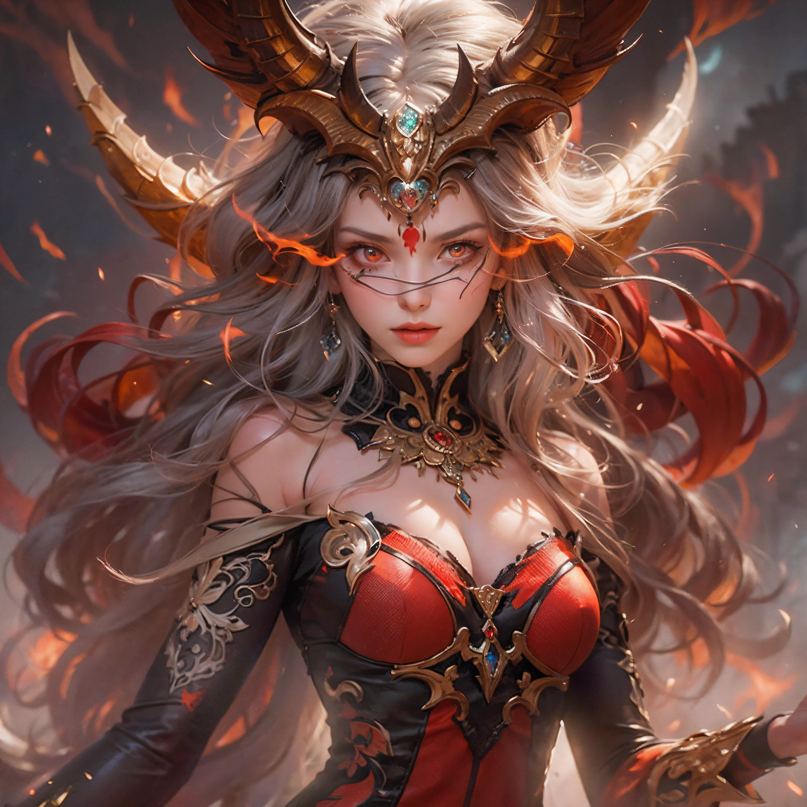 (Numerous award-winning masterpieces, with incredible detail, textures and maximum detail), (hyper realistic:1.4), (realistic:1.3), (best quality real texture skin), (finely detailed true circle Symmetrical eyes), finely detailed face, ((medieval world)), (Full-length portrait:1.5), ((The Lord's blaze Devil)), ((The Lord's hellfire Devil)), (burn brightly icy look in the eye), (She has a mischievous smile on her face), (Eyes that glow red in the dark:1.5), (A pair of red eyes with strong red light emitting from within:1.5), (full-body standing image:1.4), (gives full-body standing image:1.4), (full-body standing image:1.5), bio luminescence, (Flames and flames swirling in the background), (Dramatic Light), (A majestic sight), (Her countenance is gentle and beautiful, but somehow terrifying), Glass earrings on the ears, (dramatic photo:1.4), ((dramatic pose)), (flamboyant photo), (golden hair), (silver hair), (chestnut hair), Short cut hair, ((looks up)), ((looking down)), (Around her neck is a simple necklace of exquisite workmanship), (Bio luminescence with a brilliant glow:1.3), (Use flashy flame magic:1.2), (Swirling flames), The Great Temple of the Devil, The Devil's Grand Shrine, great temple, great cathedral, temple ruins, detached temple, (Luminous magic circle), Ruins of an ancient castle, Shining majestic cloud masses and sky, lightning bolt, epic realistic, faded, art, (Greg rutkowski:0.8), (teal and orange:0.4), (art station:1.5), cinematic, ((neutral colors)), (hdr:1.5), (muted colors:1.2), hyper detailed, dramatic light, (intricate details:1.1), complex background,