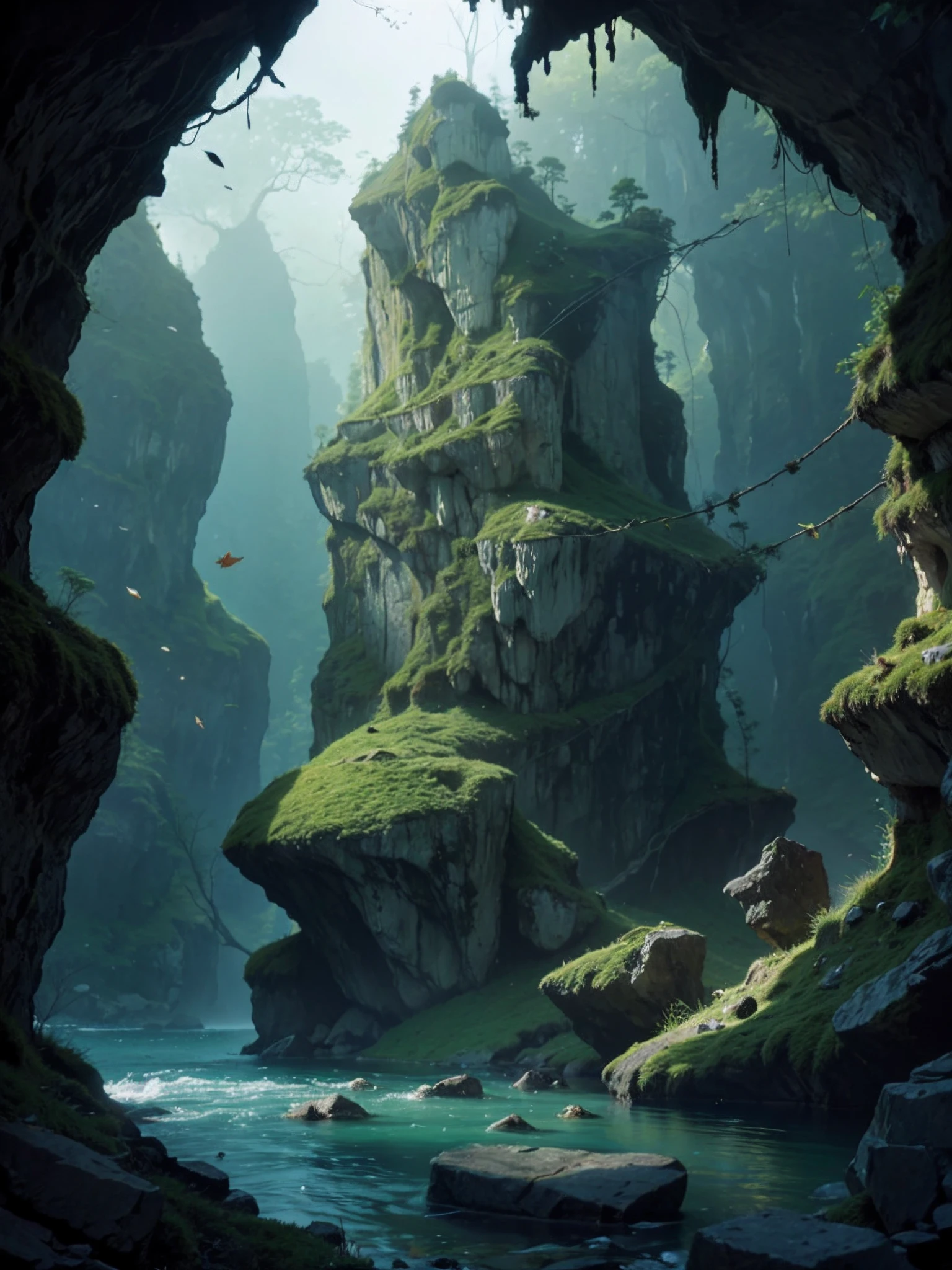 lanscape, 8k potrait of beautiful cave landscape with tall rock stone, intricate, elegant, point of interest photography, perfect natural lighting (masterpiece, sidelighting, finely detailed beautiful lanscape), long hair, realistic mountain, realistic sky, beautiful sky, medium ray of light, rule of third photography, point of interest photography, perfect lanscape color tone, realistic lake, realistic leaf, falling leaf, realistic grass, realistic climb, realistic tree, sureal photography, cave, realistic moss, realistic water, water reflection, dramatic shadow, realistic nature rope, tree rope, realistic rock stone, Fog, Foggy, saturation glow light