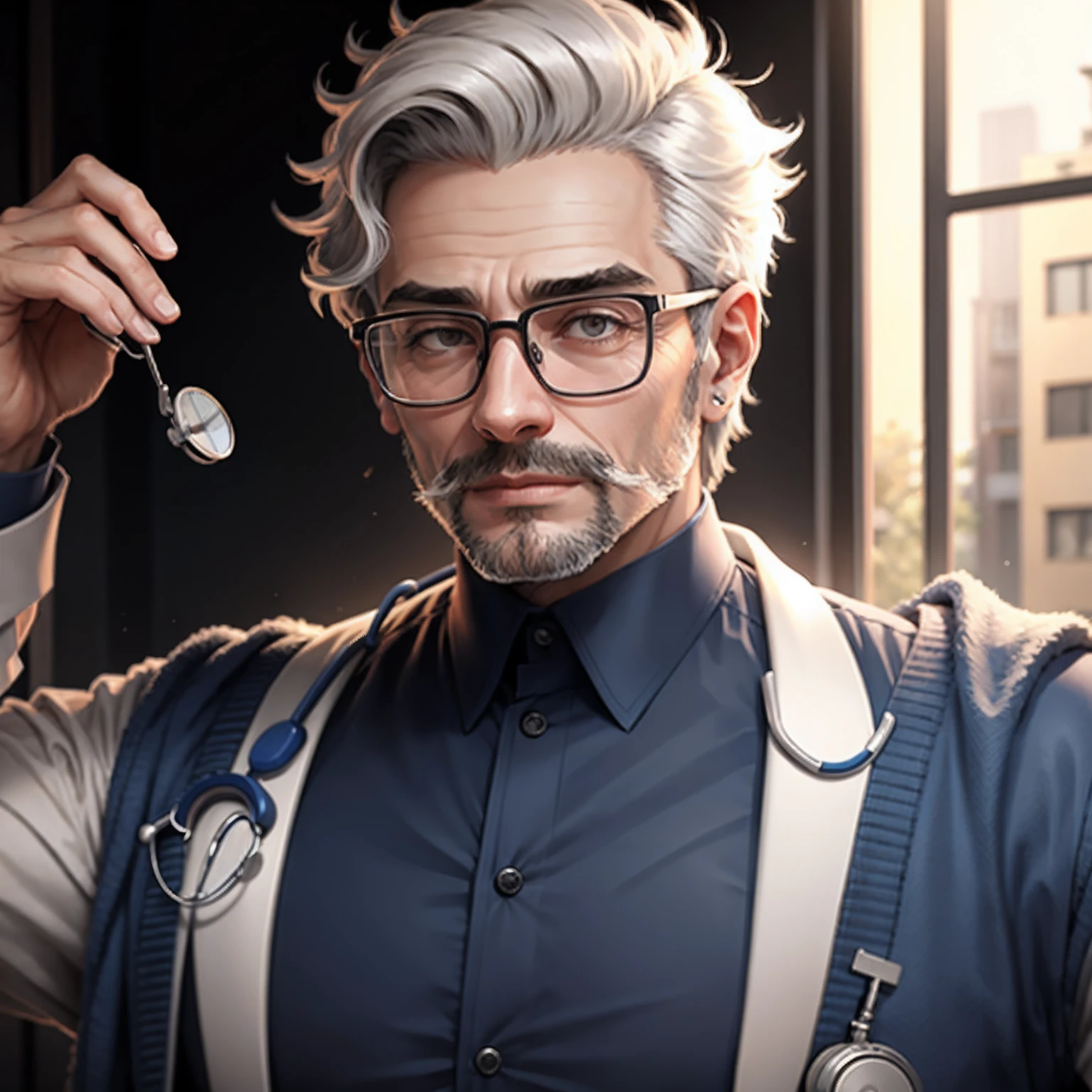 a doctor, wearing round glasses, masculino, cabelo escuro.