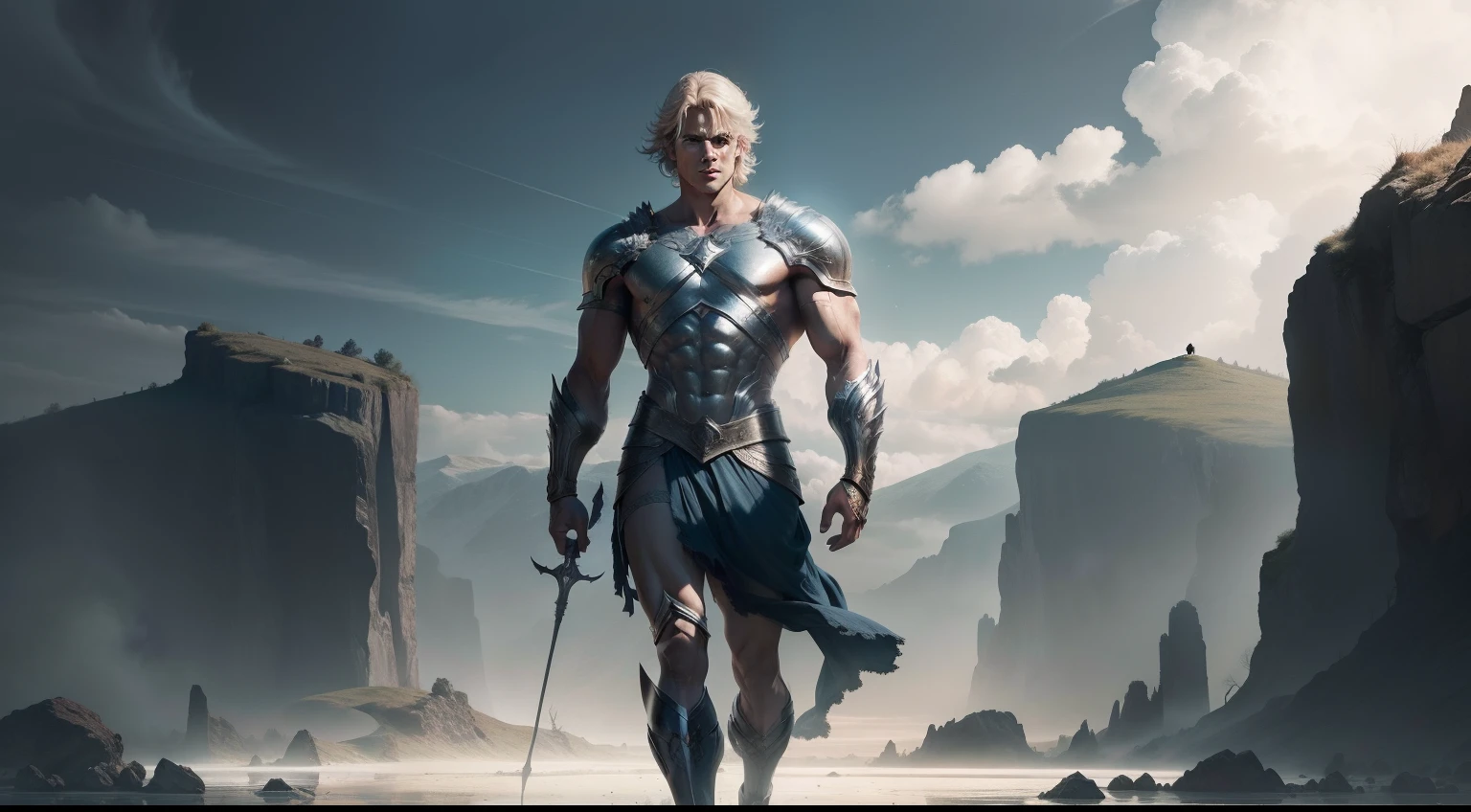 A surreal landscape of Achilles, his body glowing with invulnerability, with a single vulnerable heel standing out in stark contrast.