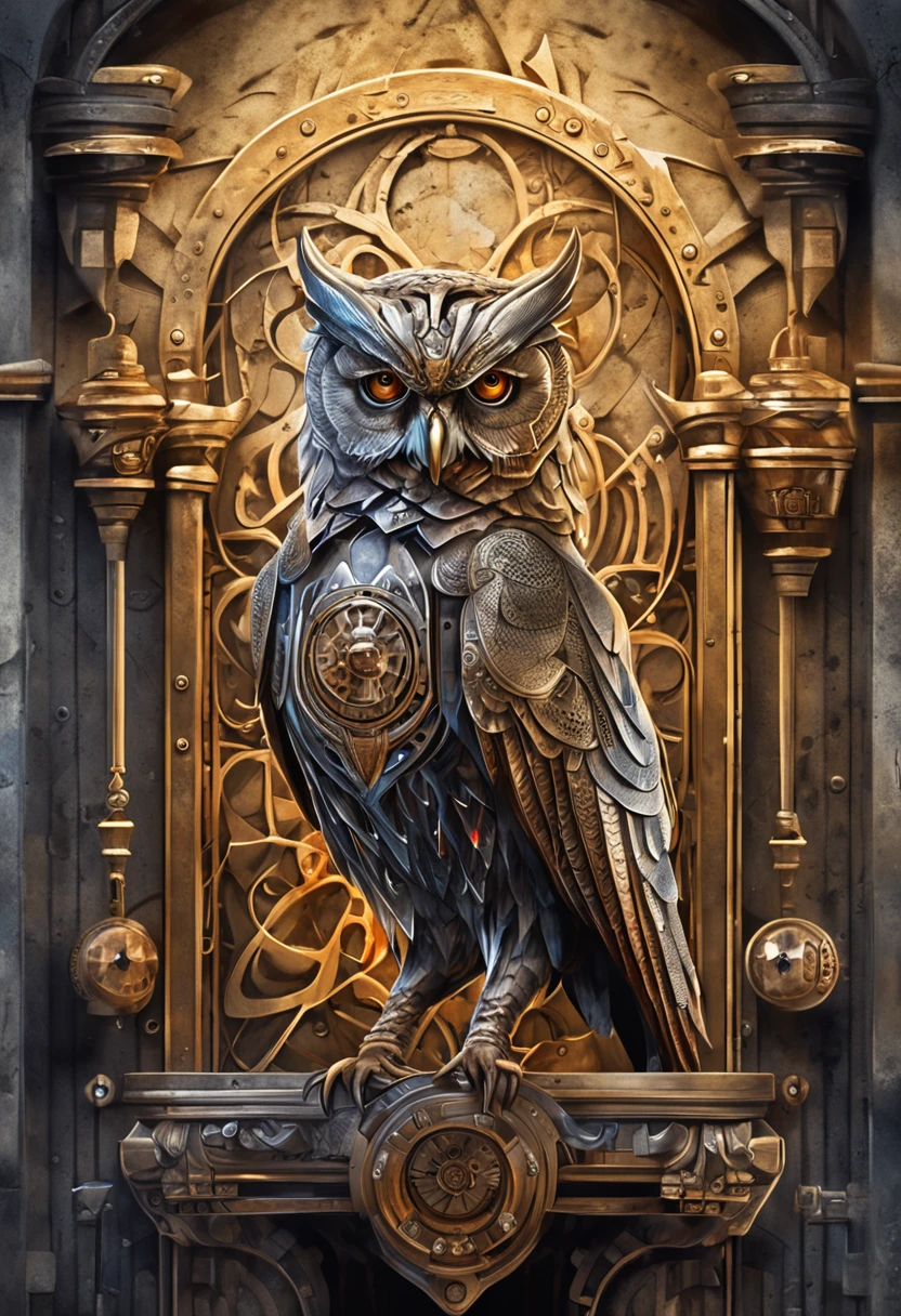 maximum quality, Dramatic lighting, menacing pose, fierce expression, epic atmosphere, (((owl head shaped helmet))), (((full body shot))),a owl made out of metal, cyborg, cyberpunk style, clockwork, ((intricate details)), hdr, ((intricate details, hyperdetailed)), incandescent lamps, cinematic shot, vignette, bokeh effect background, (full body shot).