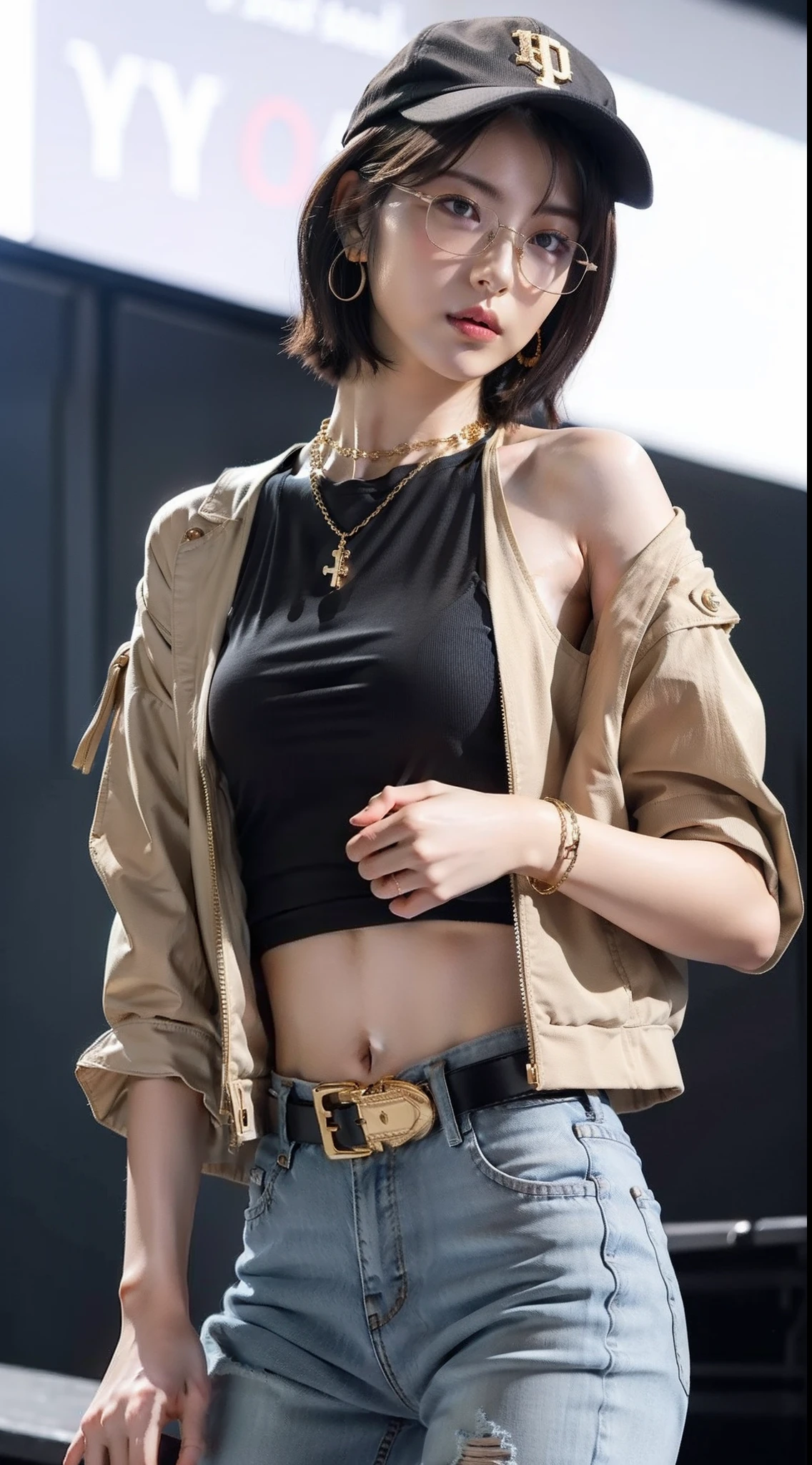 1girl, black tanktop crop, Brown jacket open, strict short jeans, slim belly,short hair, glasses, bob hairstyles, white shoes, baseball cap, gold belt, chain necklace, gold cross necklace pendant, dollar earrings, masterpiece, ultra details, 70mm lens, high res, faint smile, tiny tits, on stage, gold dollar image crop tank top
