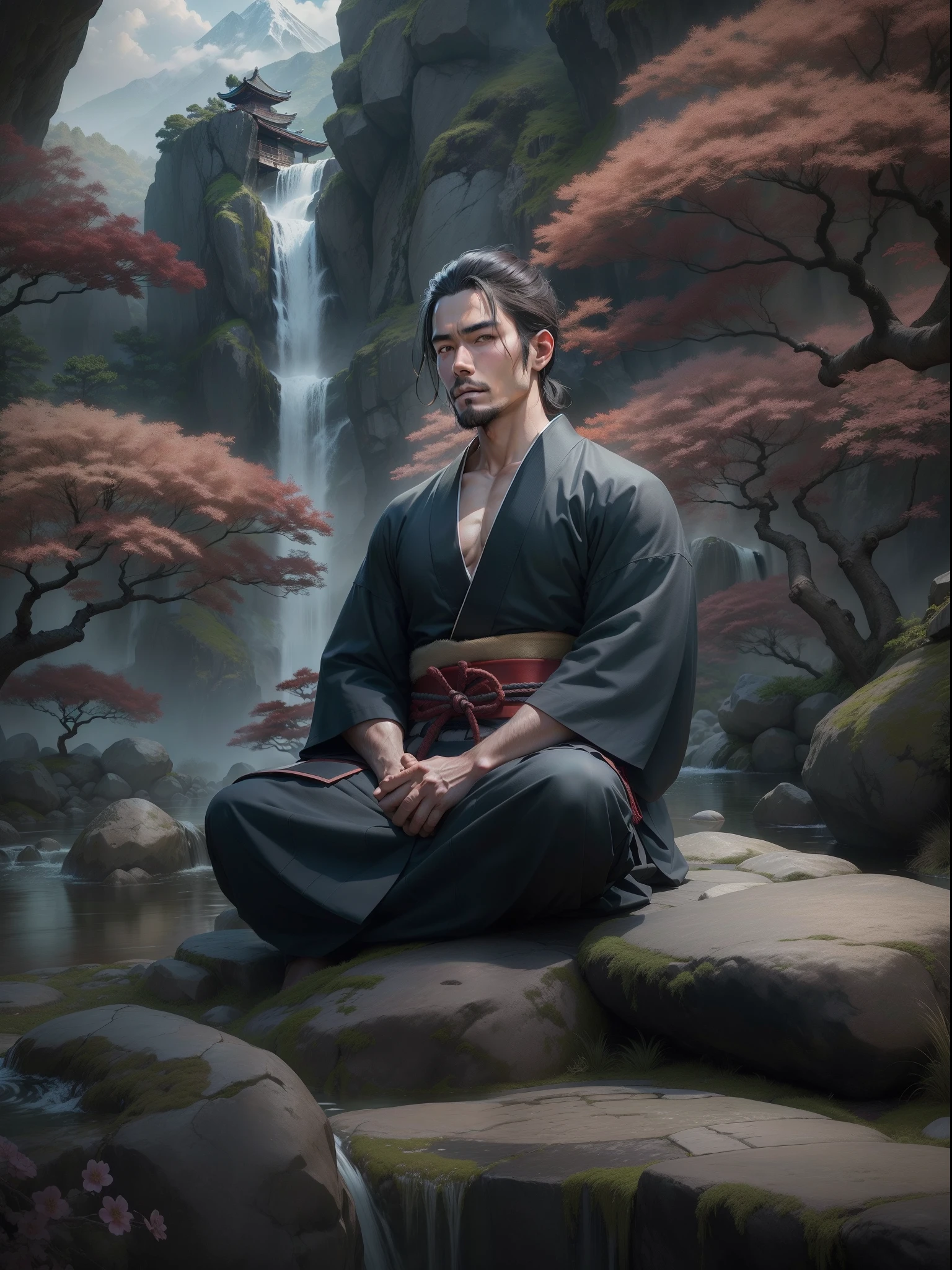1 half-naked samurai, Japanese, Male 30 years old, Sitting in a Japanese garden, On a large stone, Meditation, (appearance: dark-haired, hairlong, Brown attentive eyes, Clean-shaven, Beautiful calm face), Masterpiece, ultradetail, hyper realisitc, Against the backdrop of a mountain waterfall