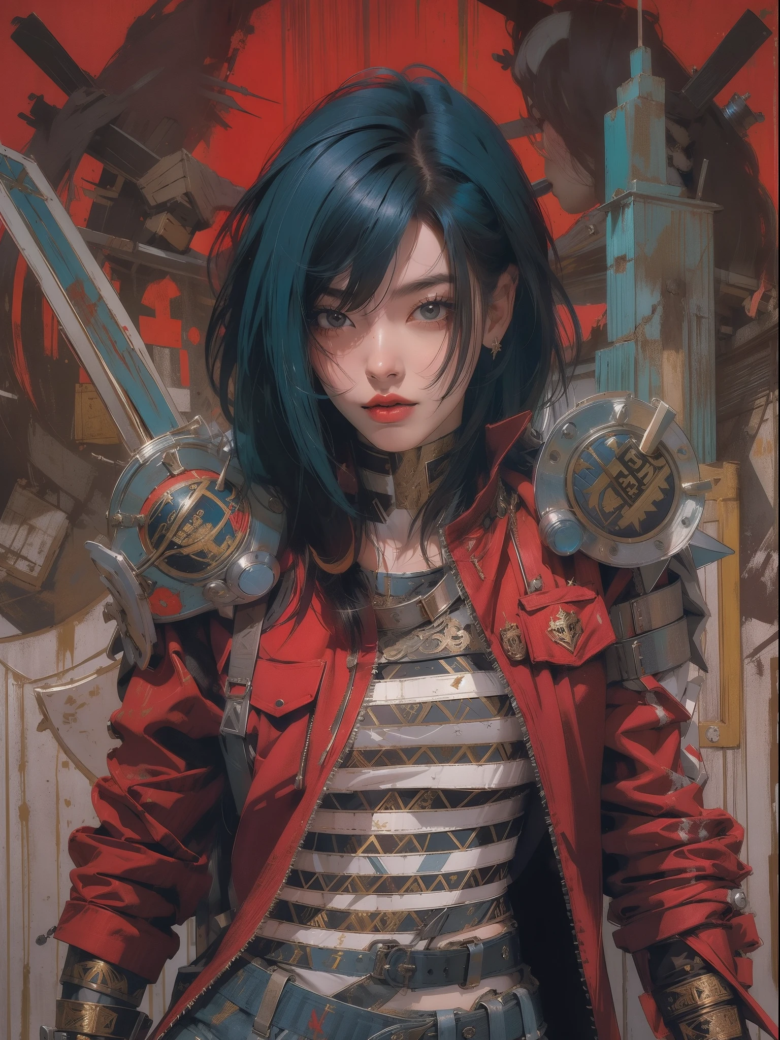 (((mulher))), (((melhor qualidade))), (((obra prima))), (((adulto))), (((1girl))), ((( corte de cabelo bob ))), A 25-year-old Asian woman, gladiador cyberpunk com corpo perfeito, shoulder pads with metal spines, Gladiadores do Brooklyn, (( corte de cabelo bob )), tiny leather panties, camiseta de time de rugby rasgada, quase nua no estilo selvagem urbano de Simon Bisley para a capa da revista Heavy Metal, Cabelo loiro curto, Minimum clothing, Metal protection on the left arm with intricate graphics, Dark red with white stars and zigzag striped pattern, azul marinho e branco, armadura, cheio de espinhos, (((do joelho pra cima))), cabelos loiro branco curto, no fundo uma parede pintada por Shepard Fairey com um design intrincado